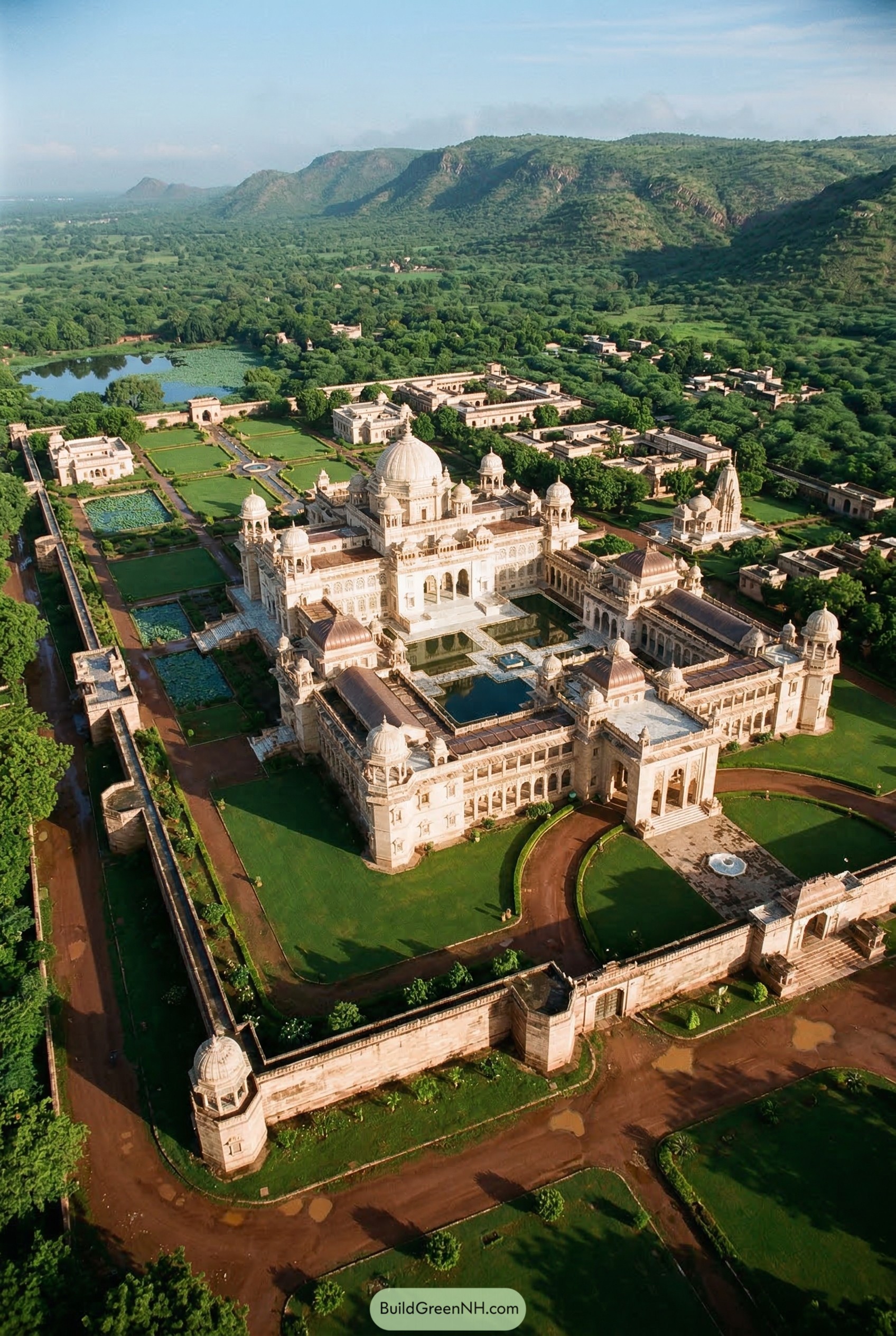 Grand domed palace compound with gardens and pools