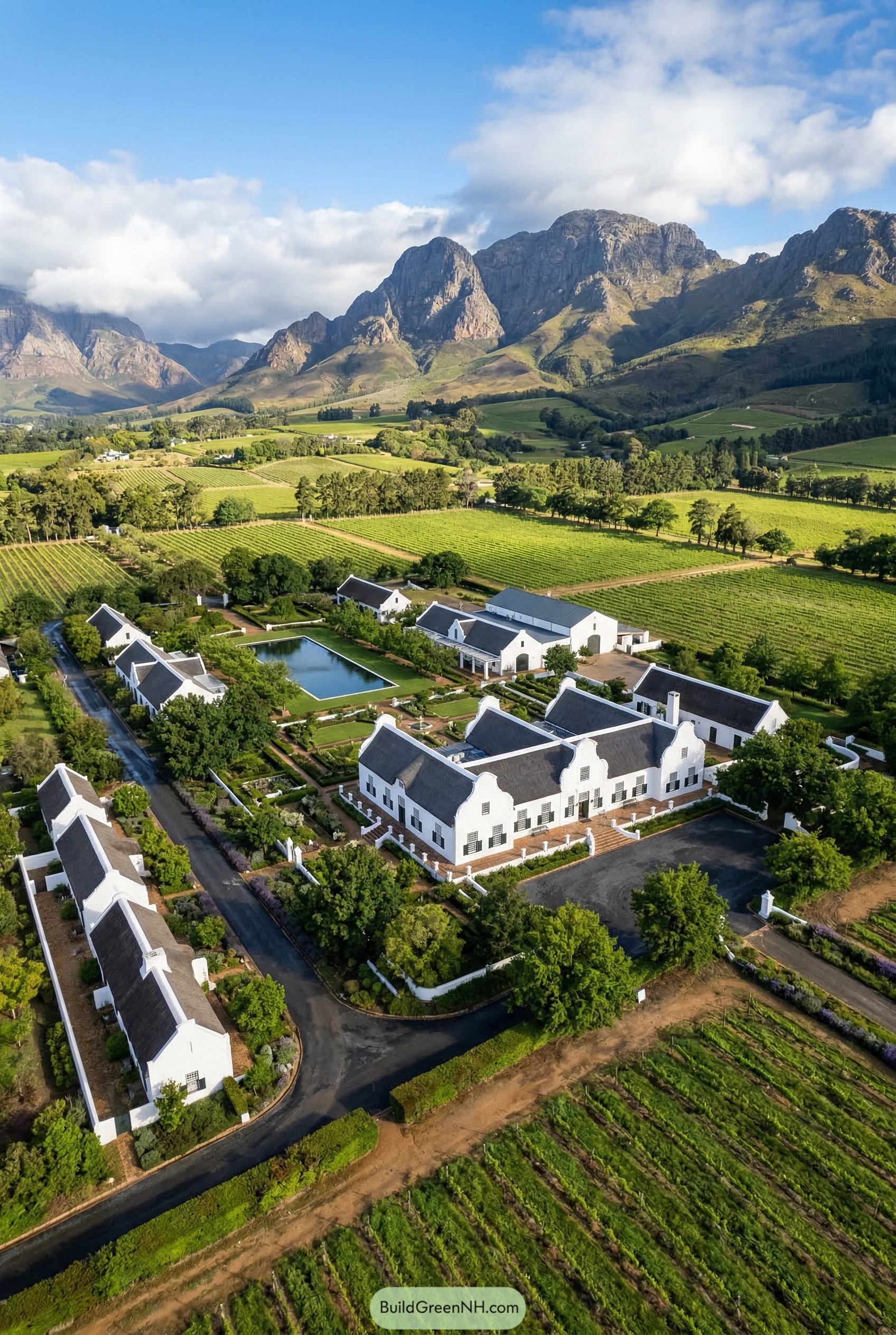 White gabled vineyard estate beneath mountains