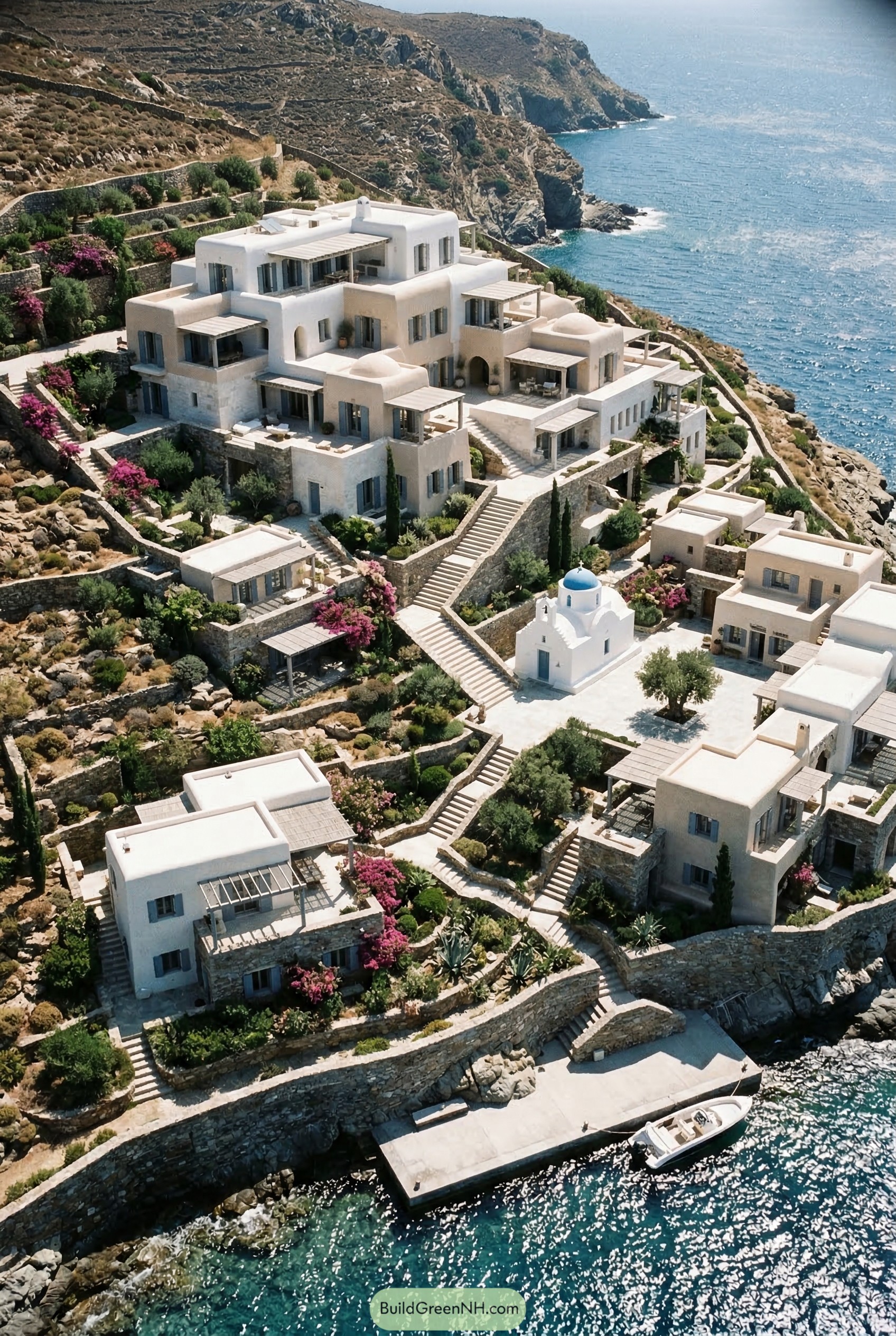 Terraced white cliffside estate with chapel and dock