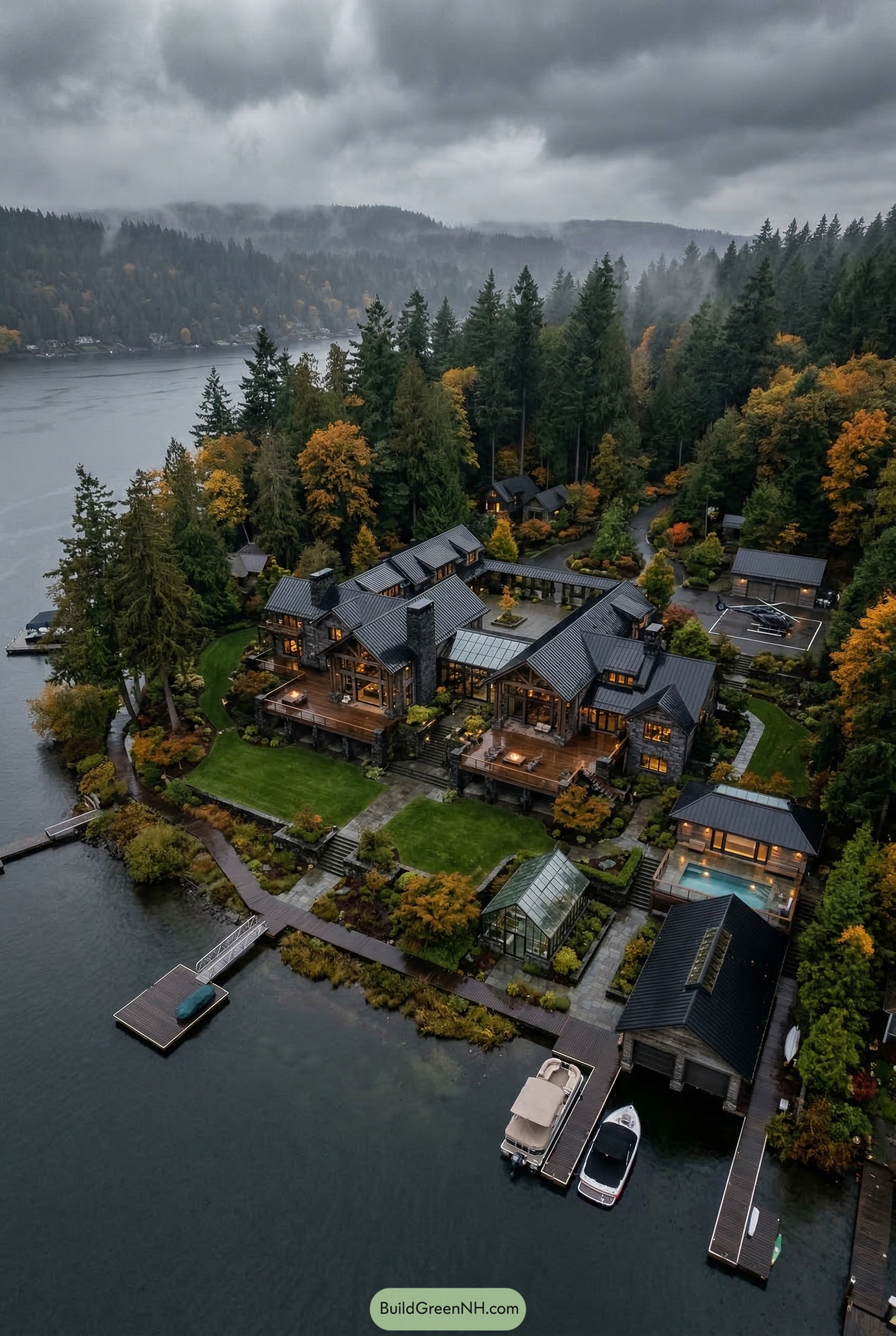 Lakeside forest estate with docks and lodge mansion