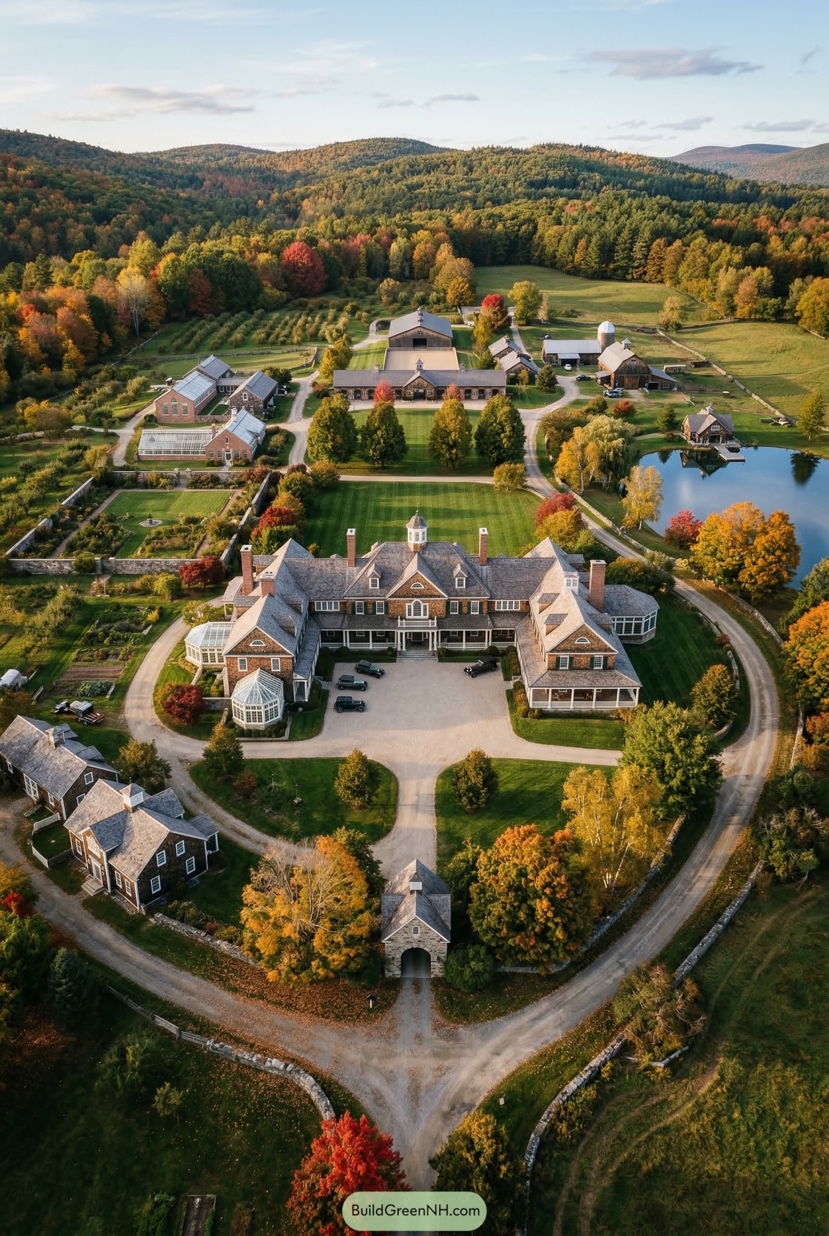 Aerial view of a grand manor compound with barns gardens and a pond