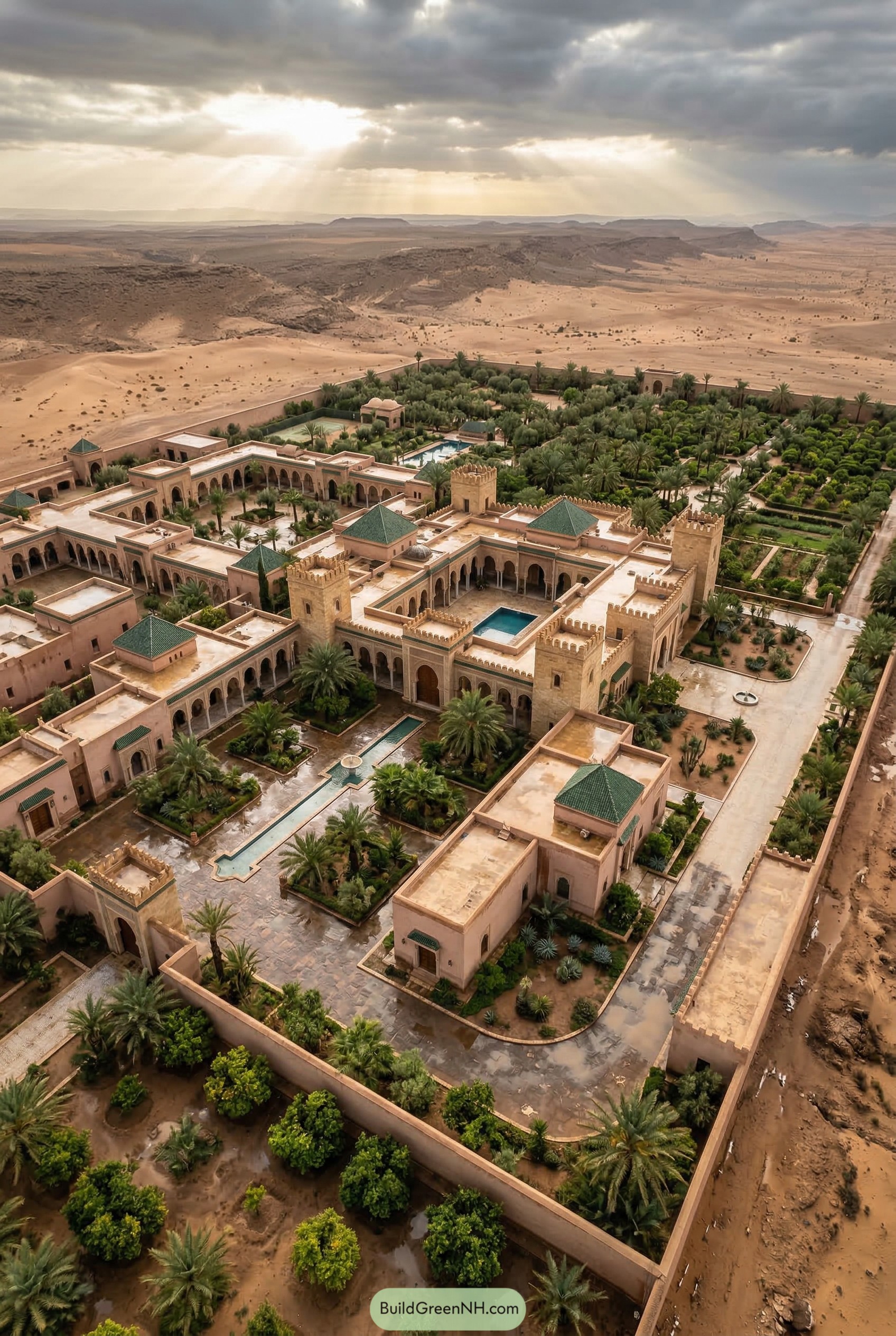 Aerial view of a walled desert palace with gardens
