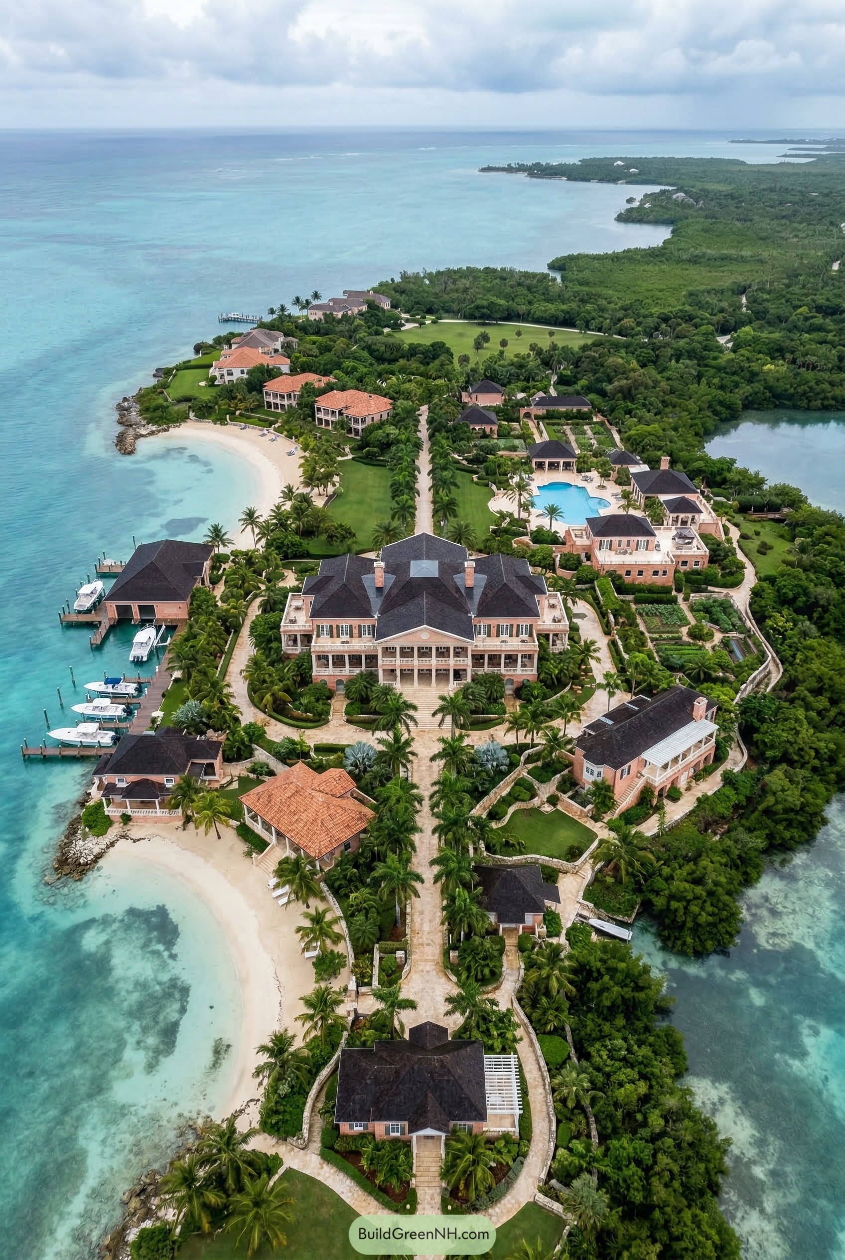 Aerial view of a tropical peninsula mega estate