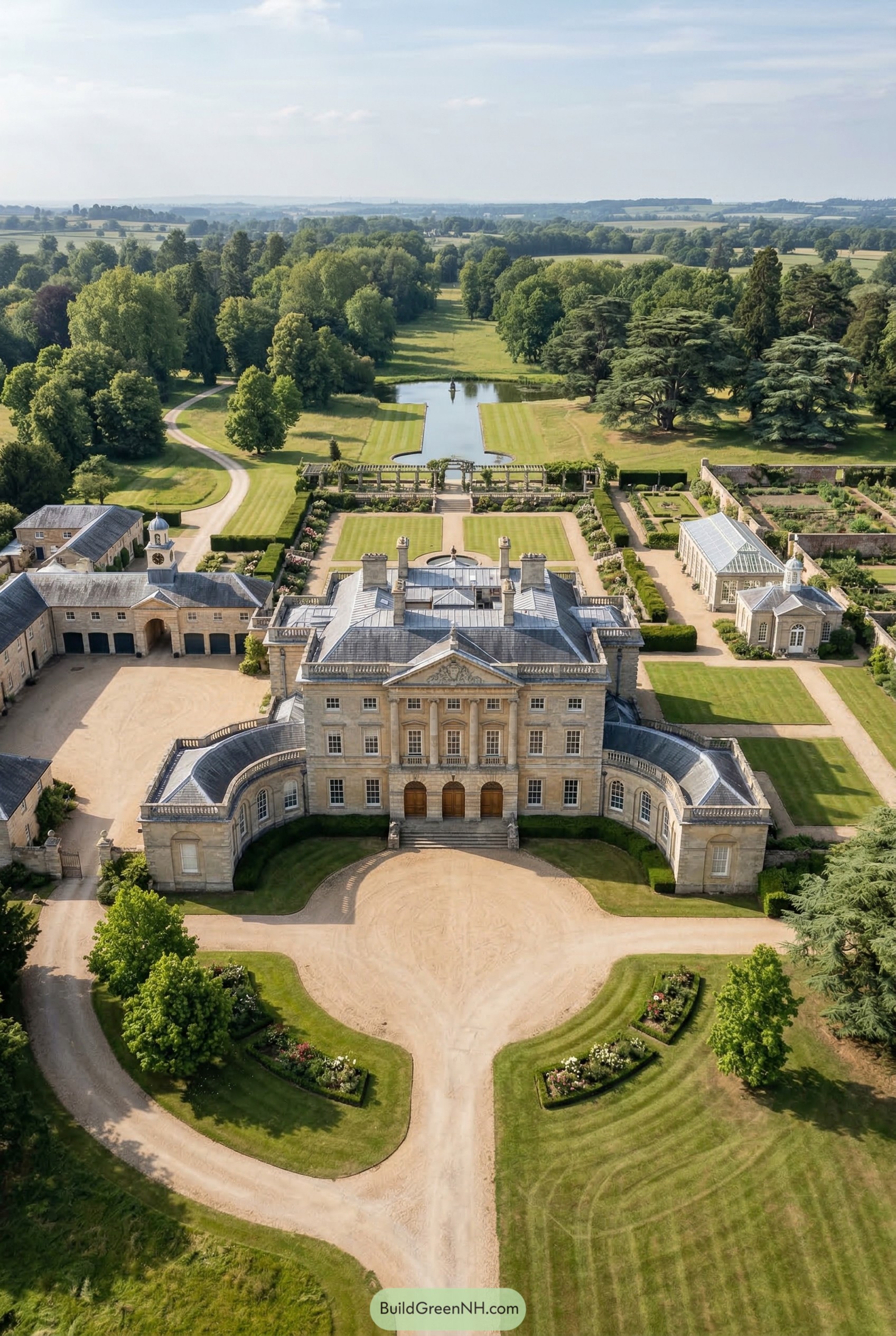 Aerial view of a grand stone manor with formal gardens and a reflecting pond