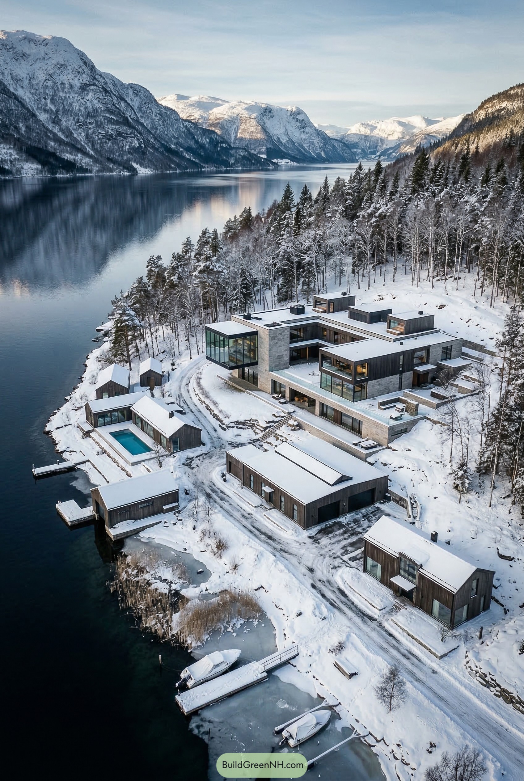 Modern mansion compound on a snowy fjord shore