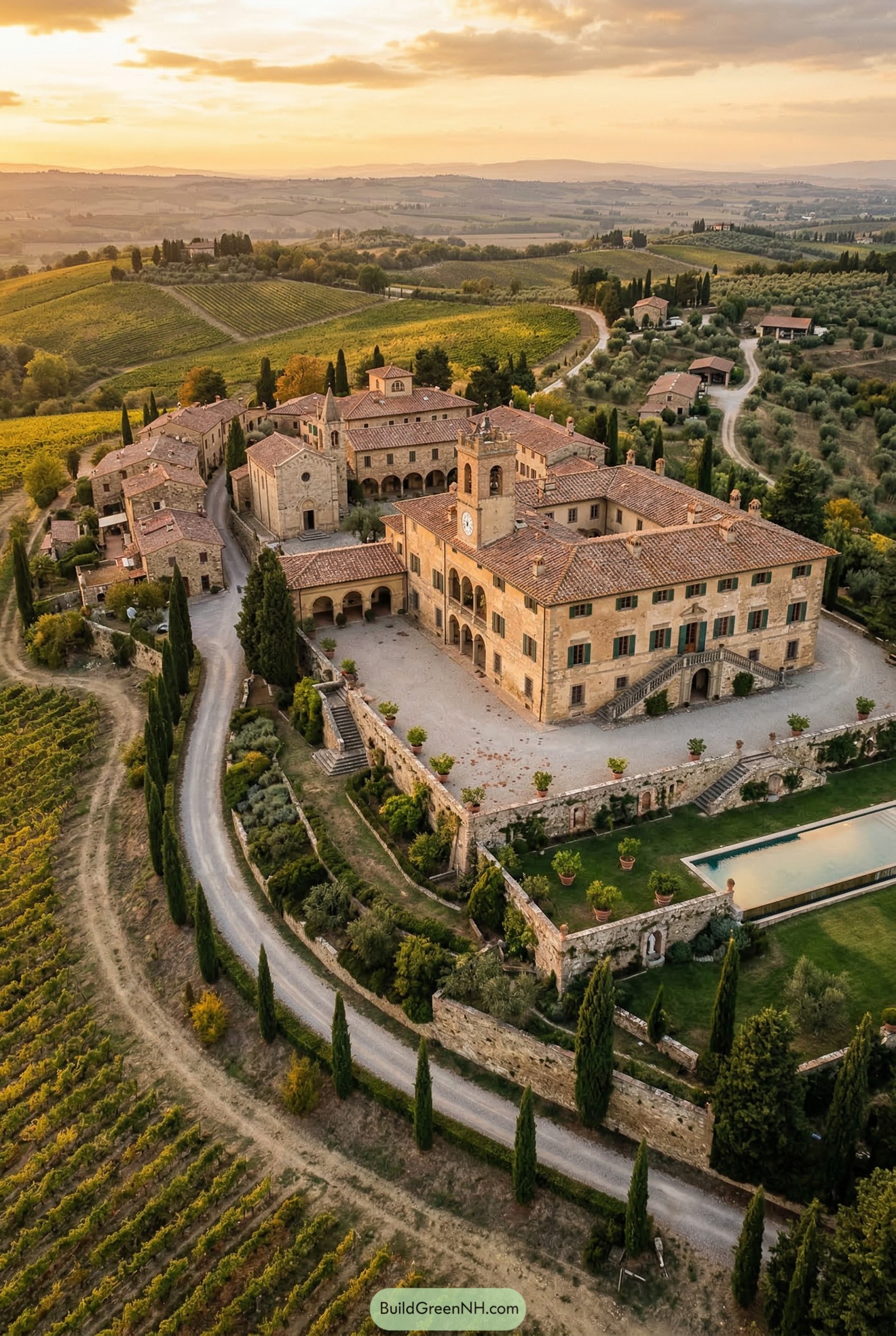 Hilltop stone estate surrounded by vineyards