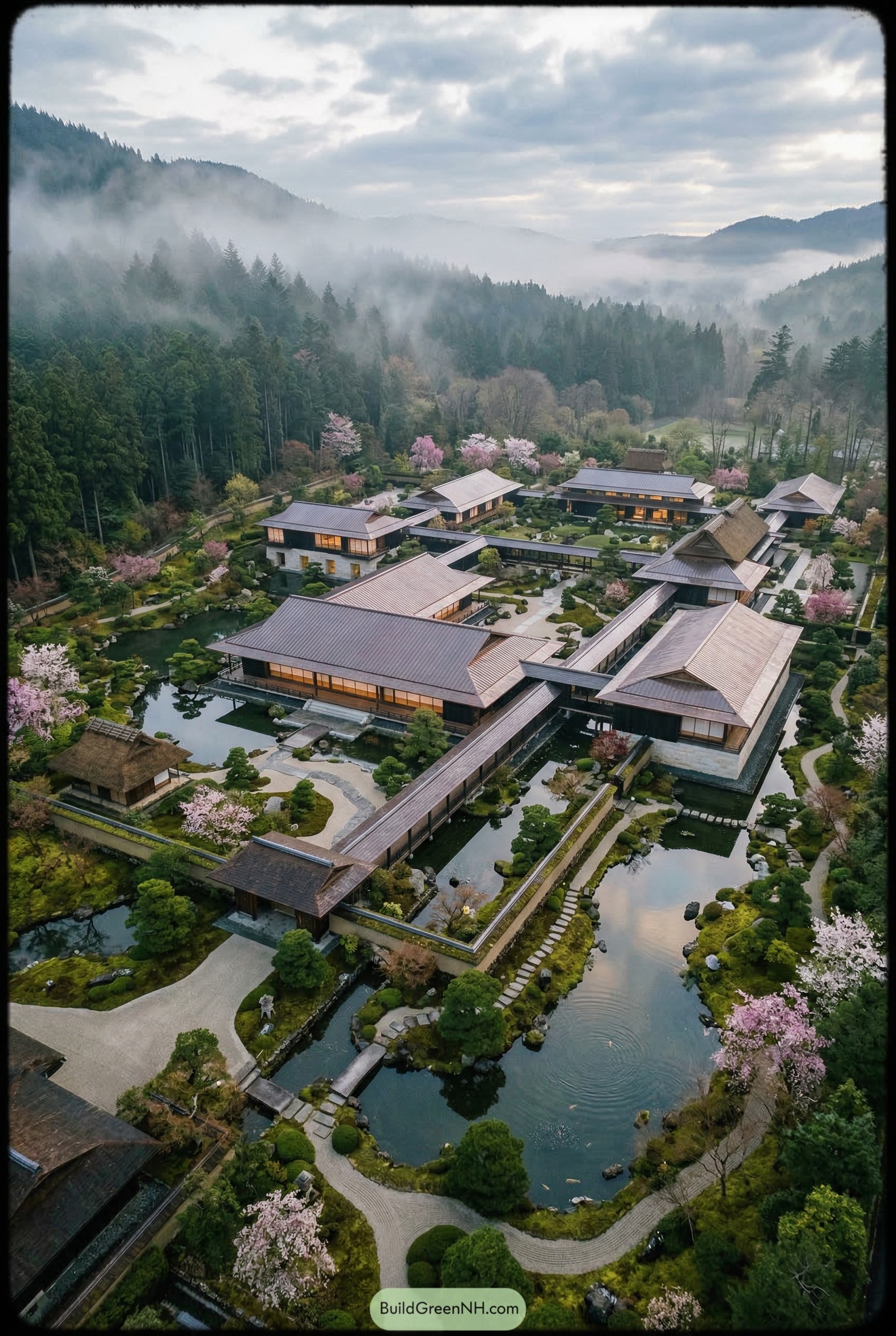 Japanese style mountain estate with ponds and cherry trees