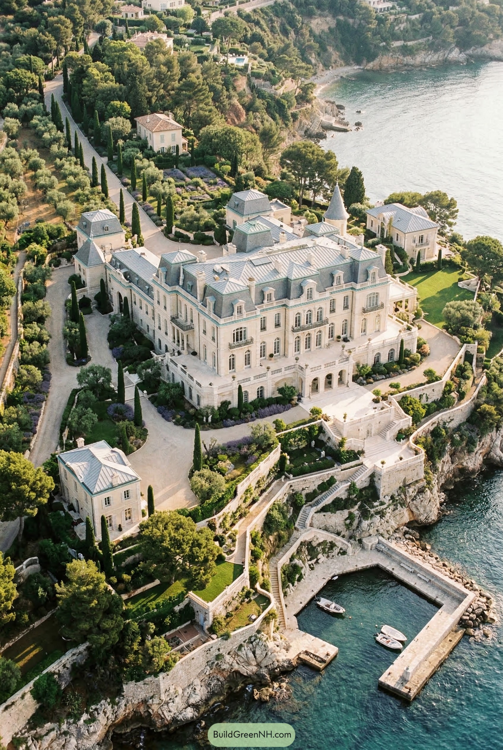 Cliffside French style mansion with private dock
