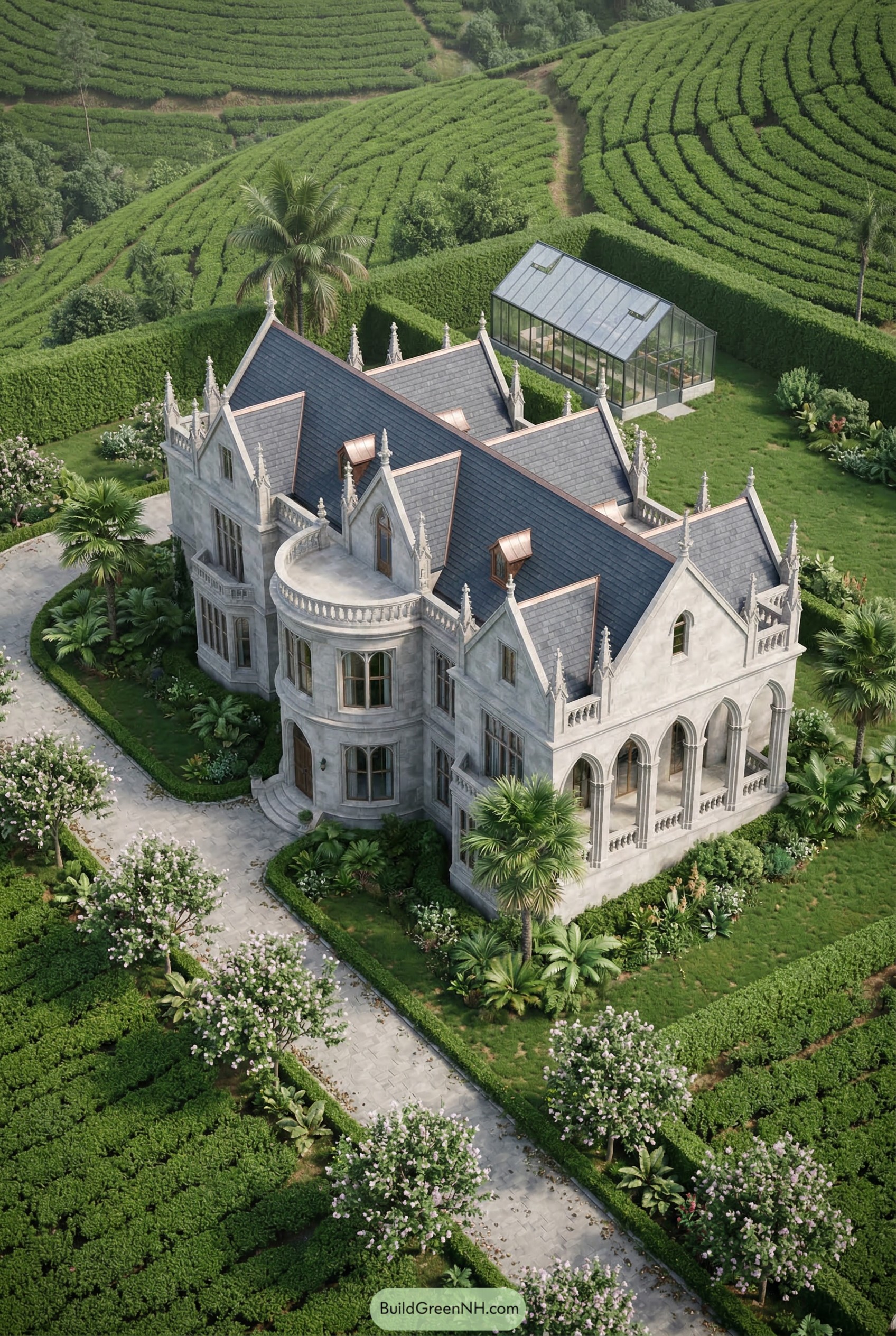 Stone Gothic mansion amid tea terraces