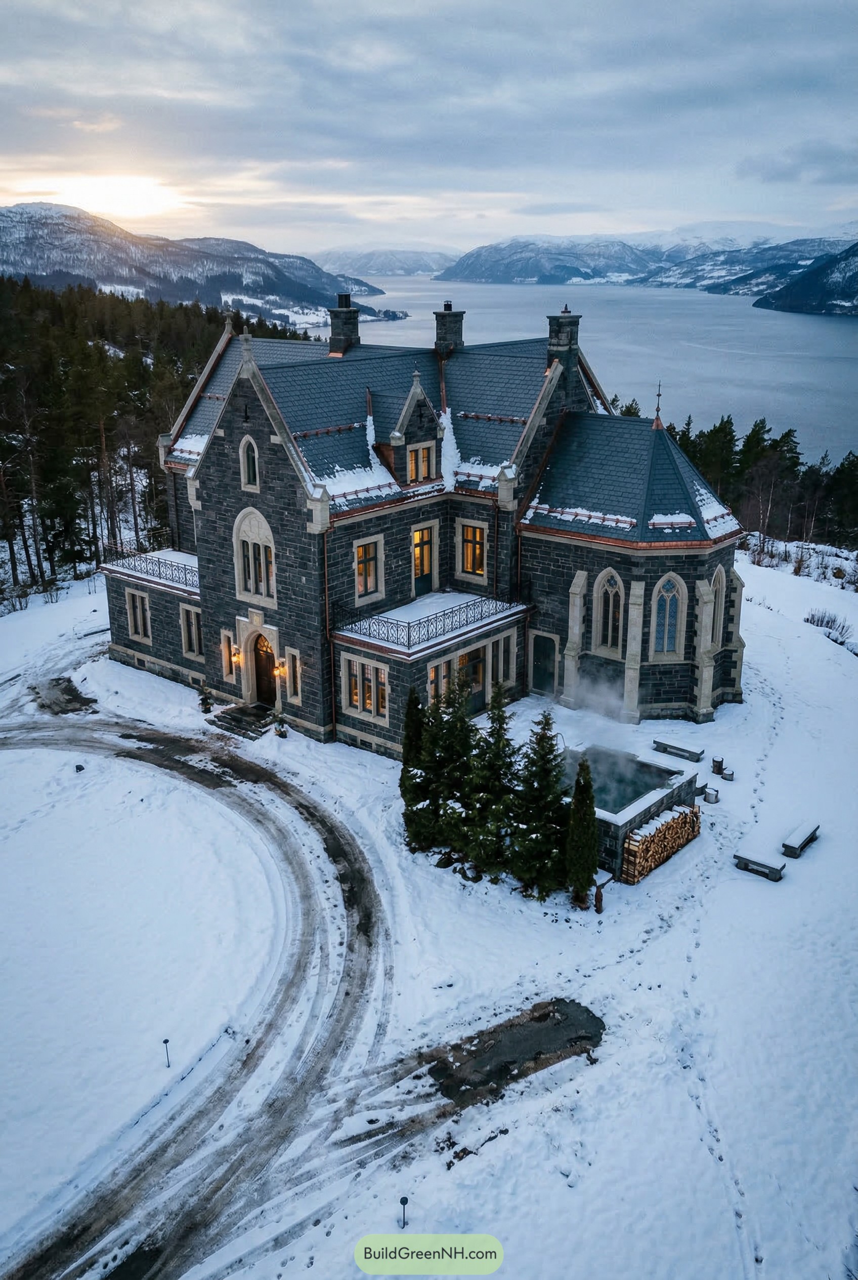 Dark stone gothic mansion above snowy fjord