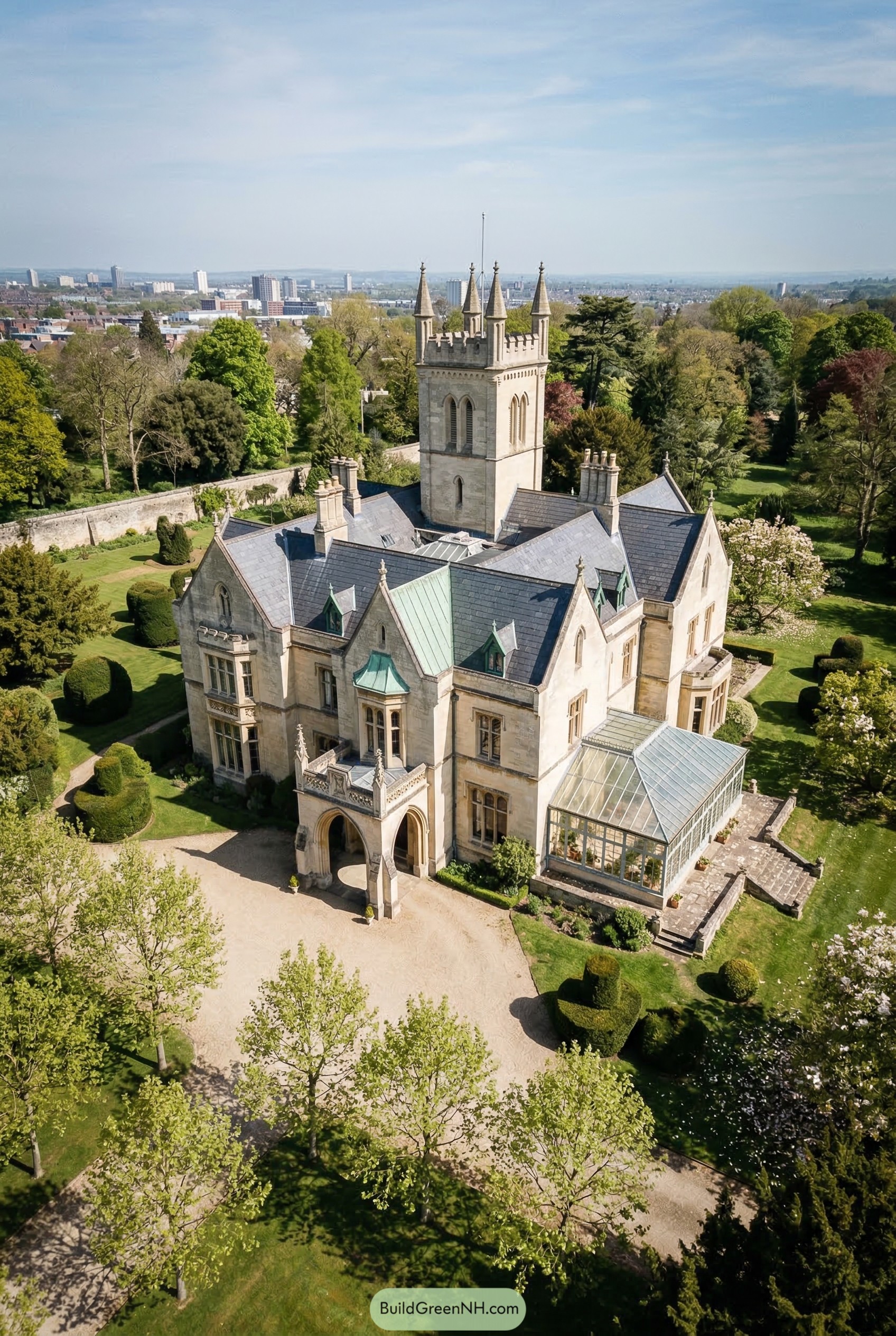 Stone Gothic mansion with tower and conservatory