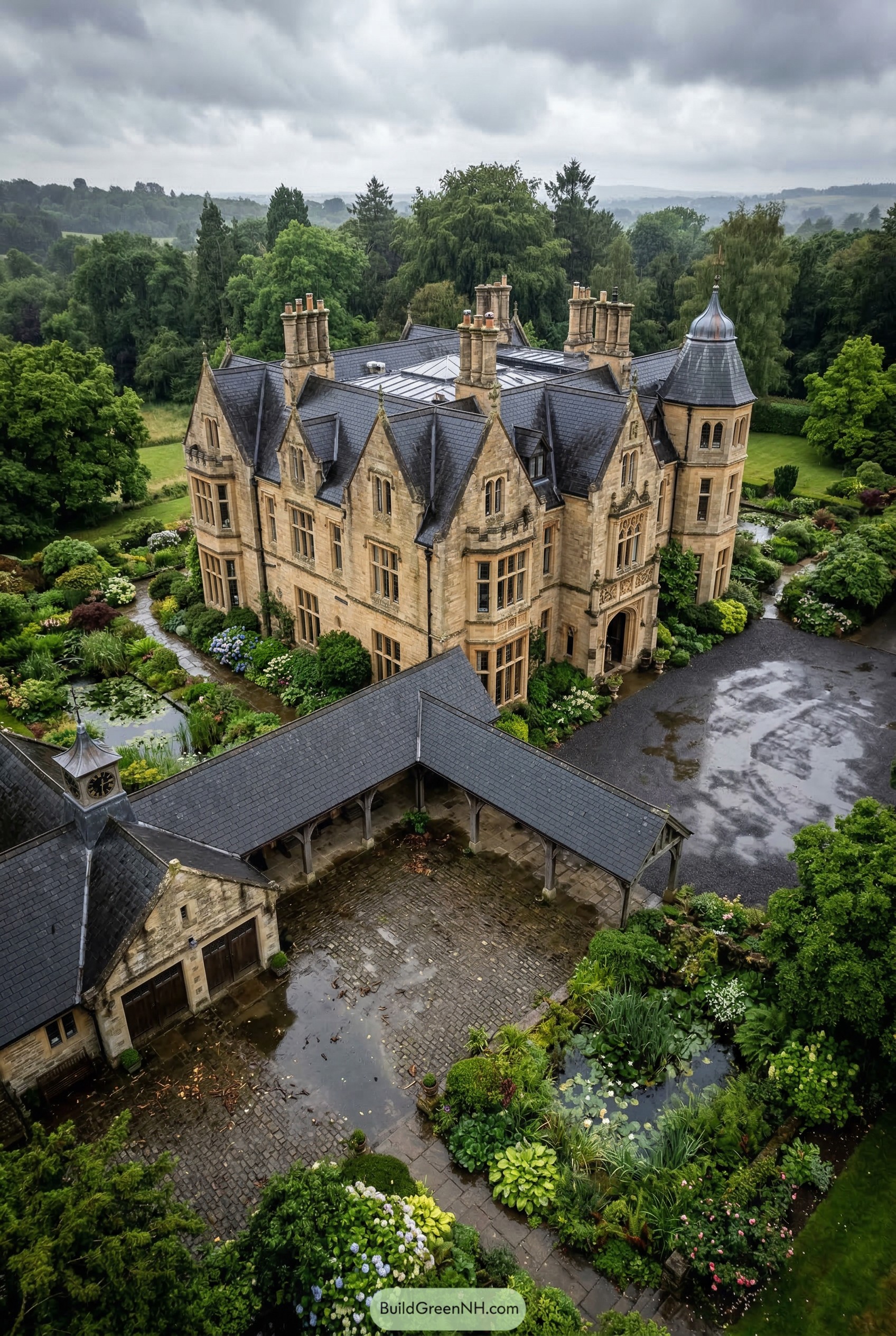 Stone Gothic mansion with a round tower and pond gardens