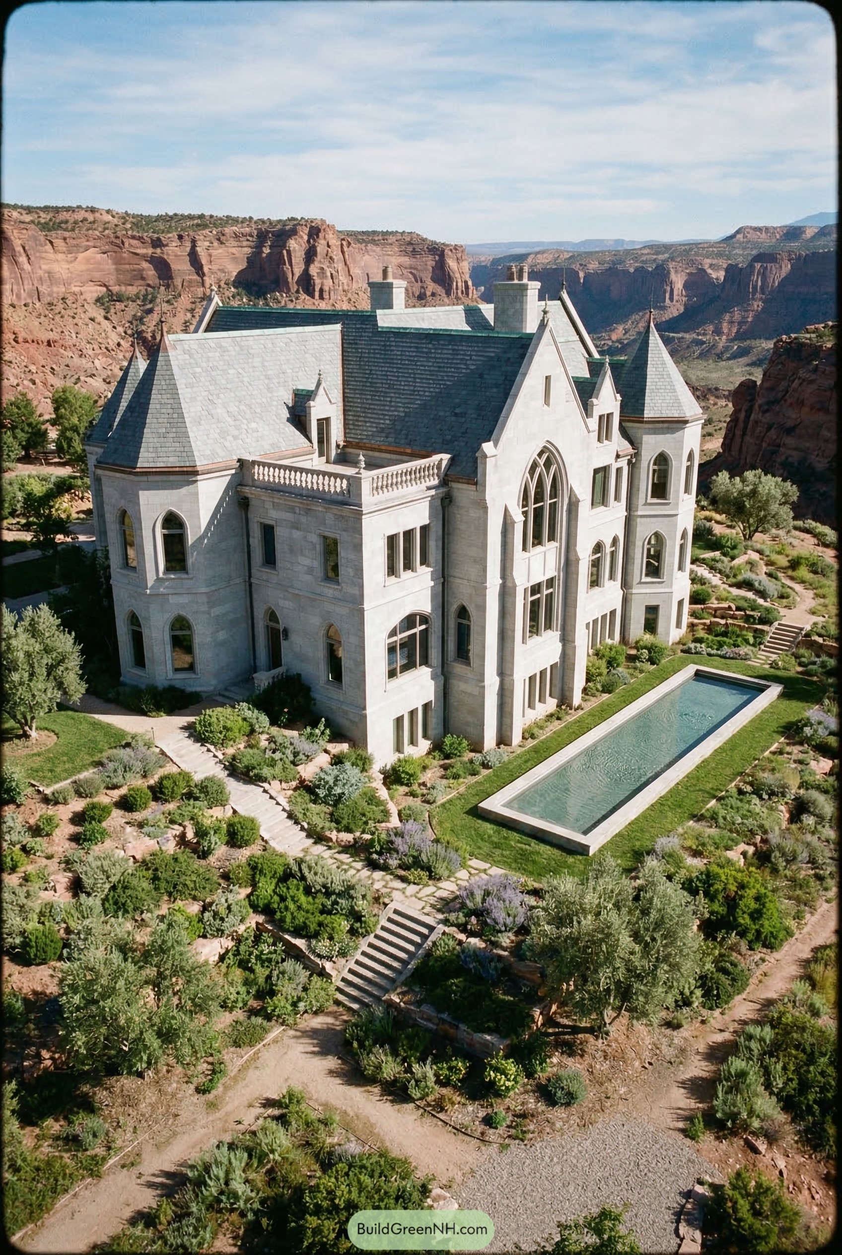 Pale stone gothic mansion with turrets beside a long pool in a desert canyon