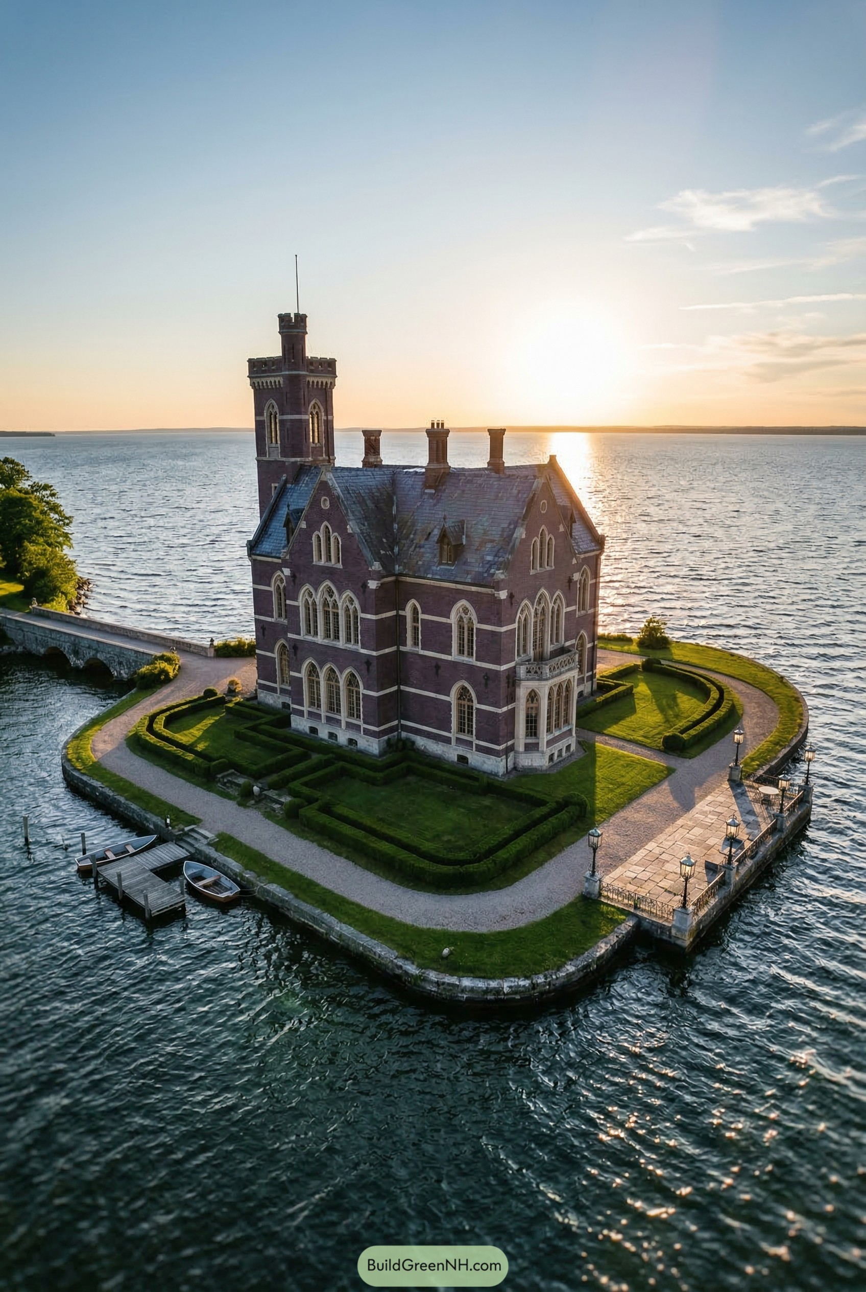 Brick Gothic mansion on a tiny island at sunset