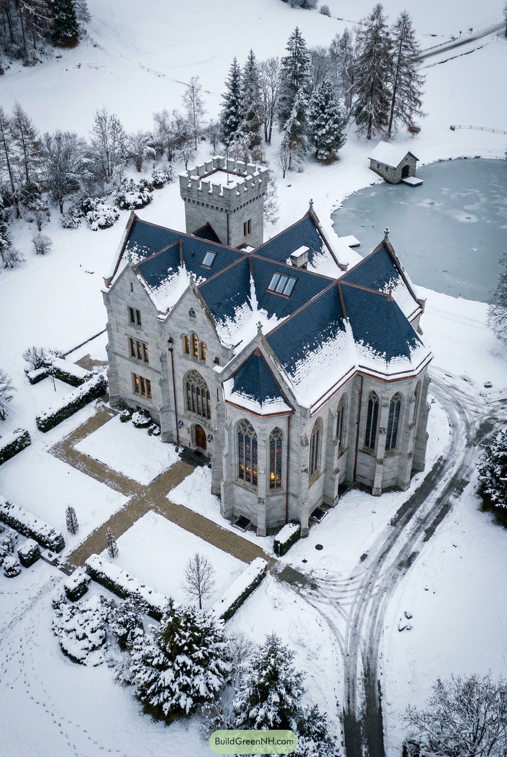 Stone Gothic mansion in snow by frozen pond