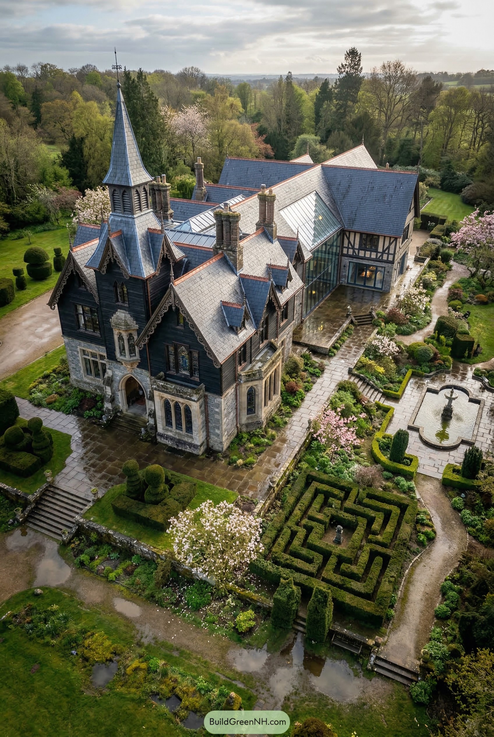 Gothic mansion with spire and maze garden