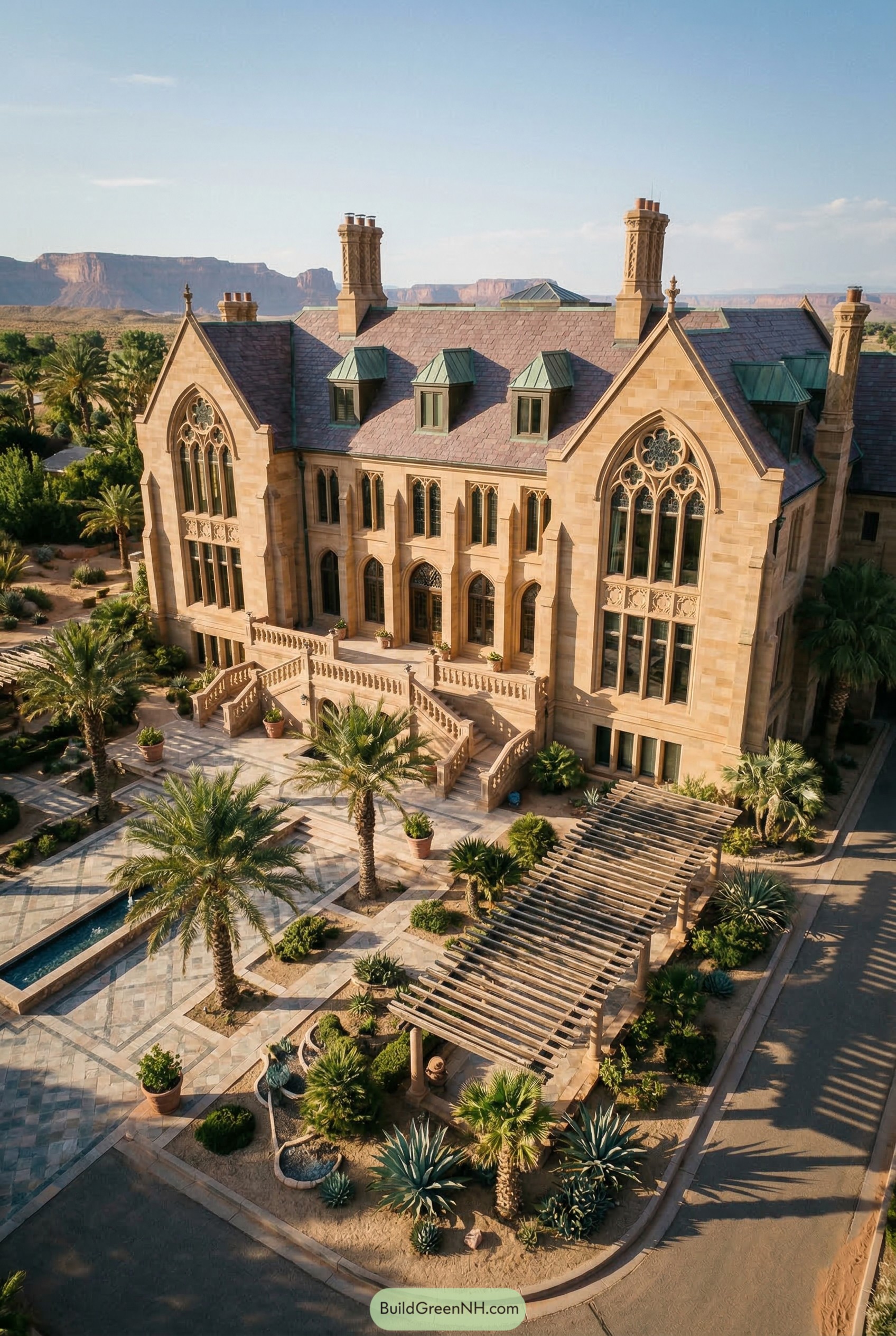 Desert Gothic manor with palm court