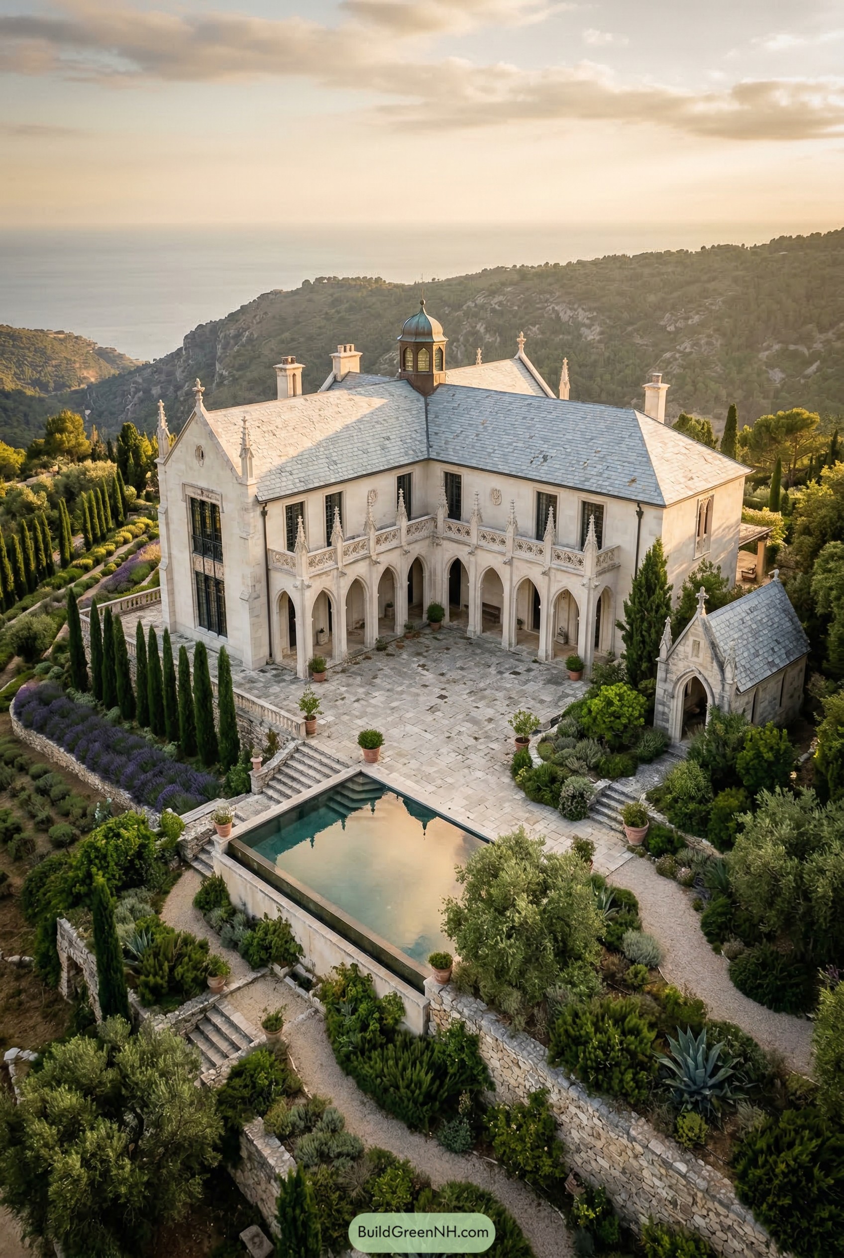 Pale stone Gothic residence with arcaded courtyard and reflecting pool