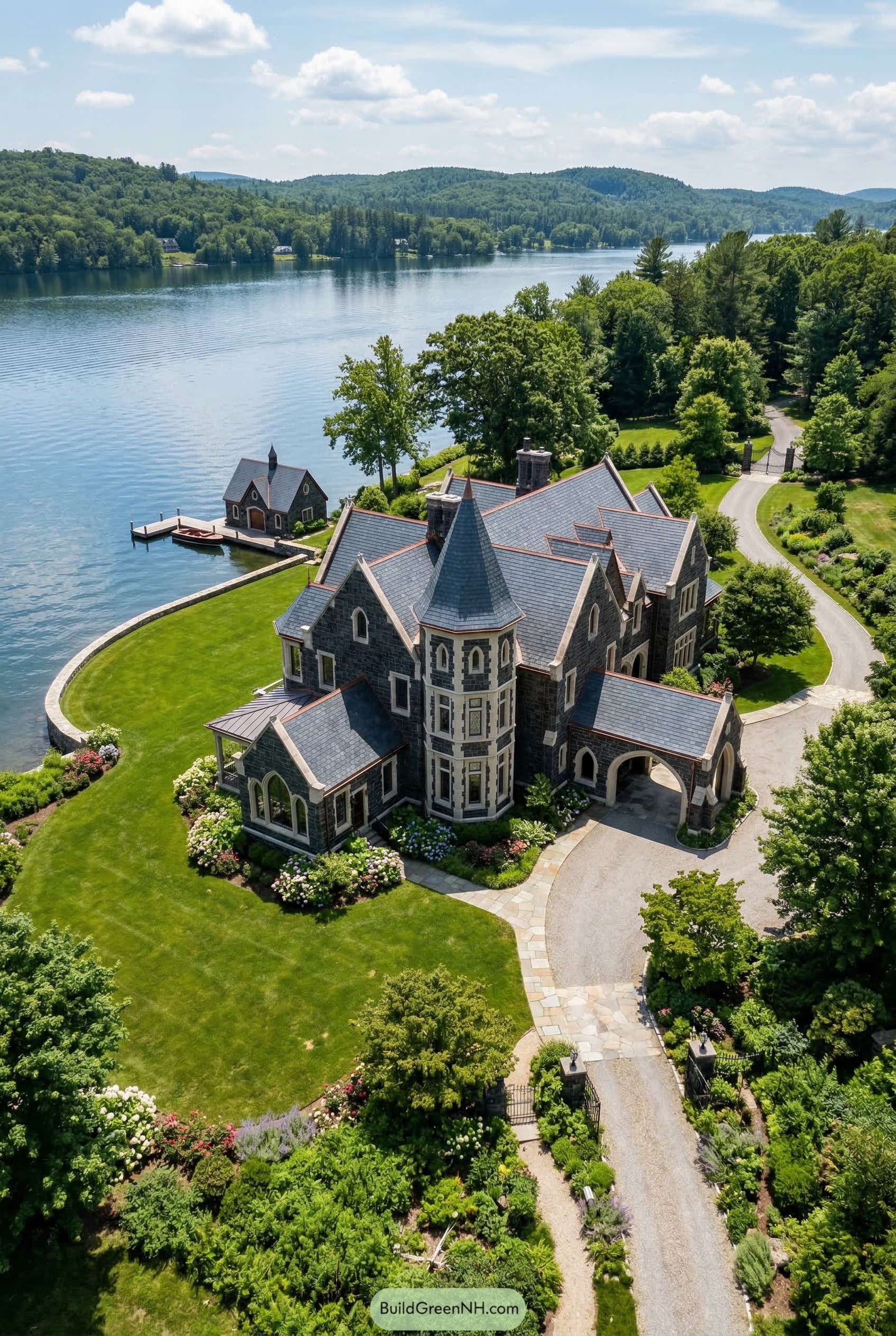 Stone lakeside mansion with turret and boathouse