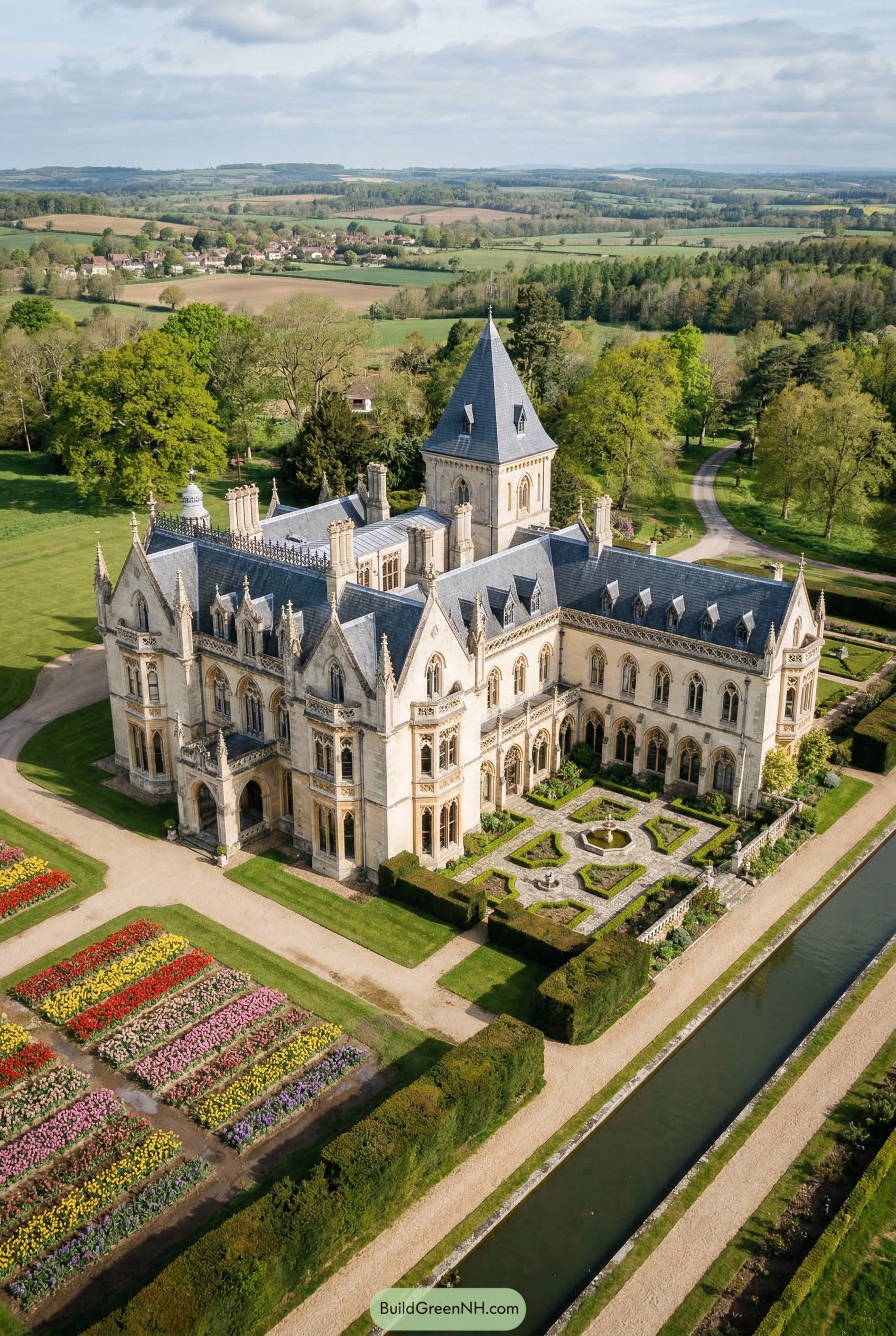 Aerial view of a gothic stone mansion with formal gardens and canal