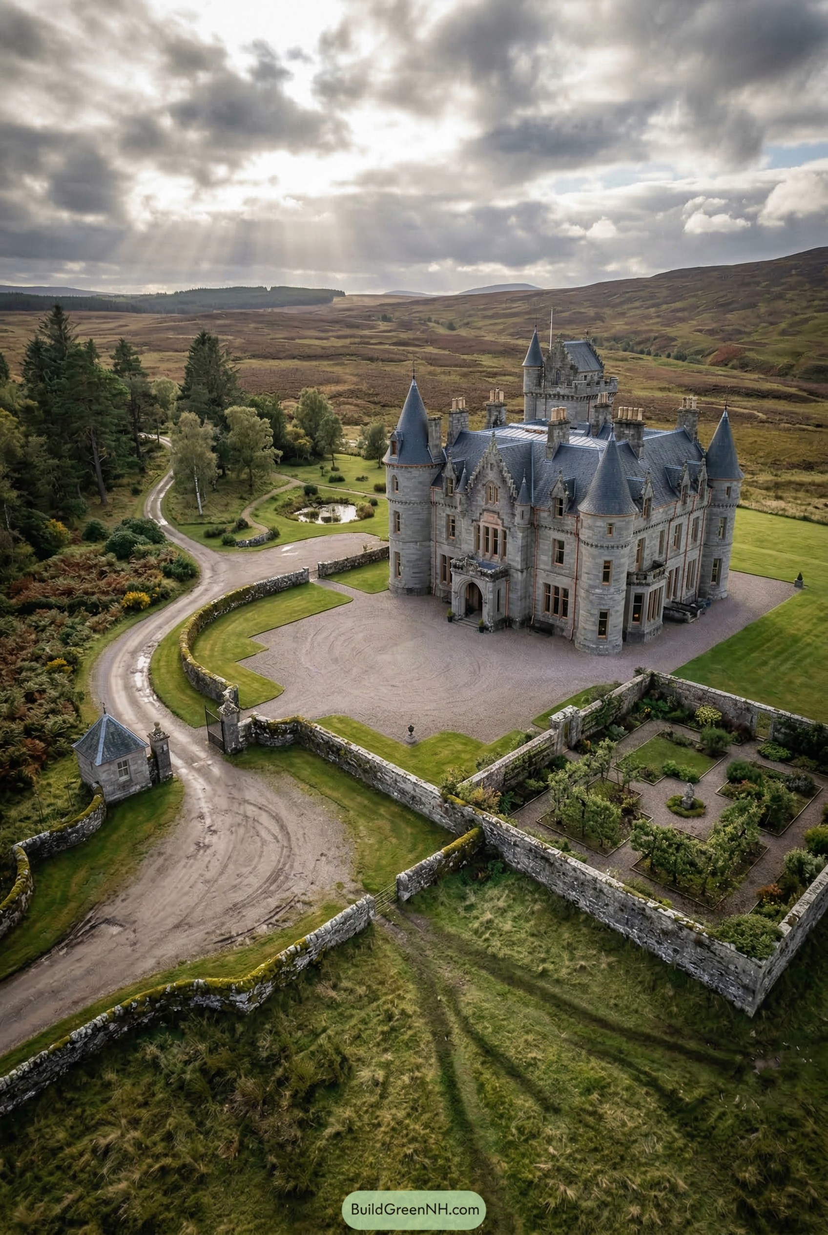Stone turreted mansion with walled garden
