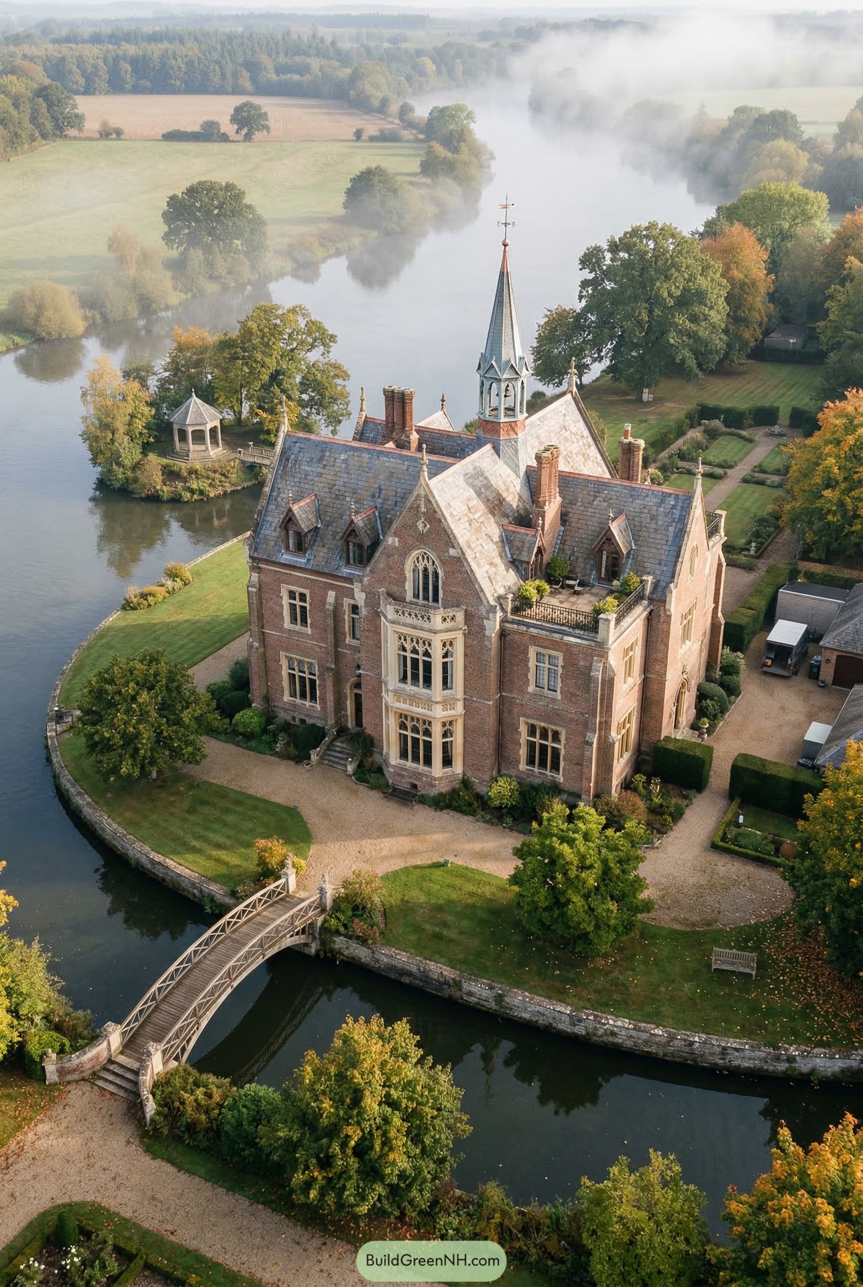 Brick Gothic mansion with bridge and moat
