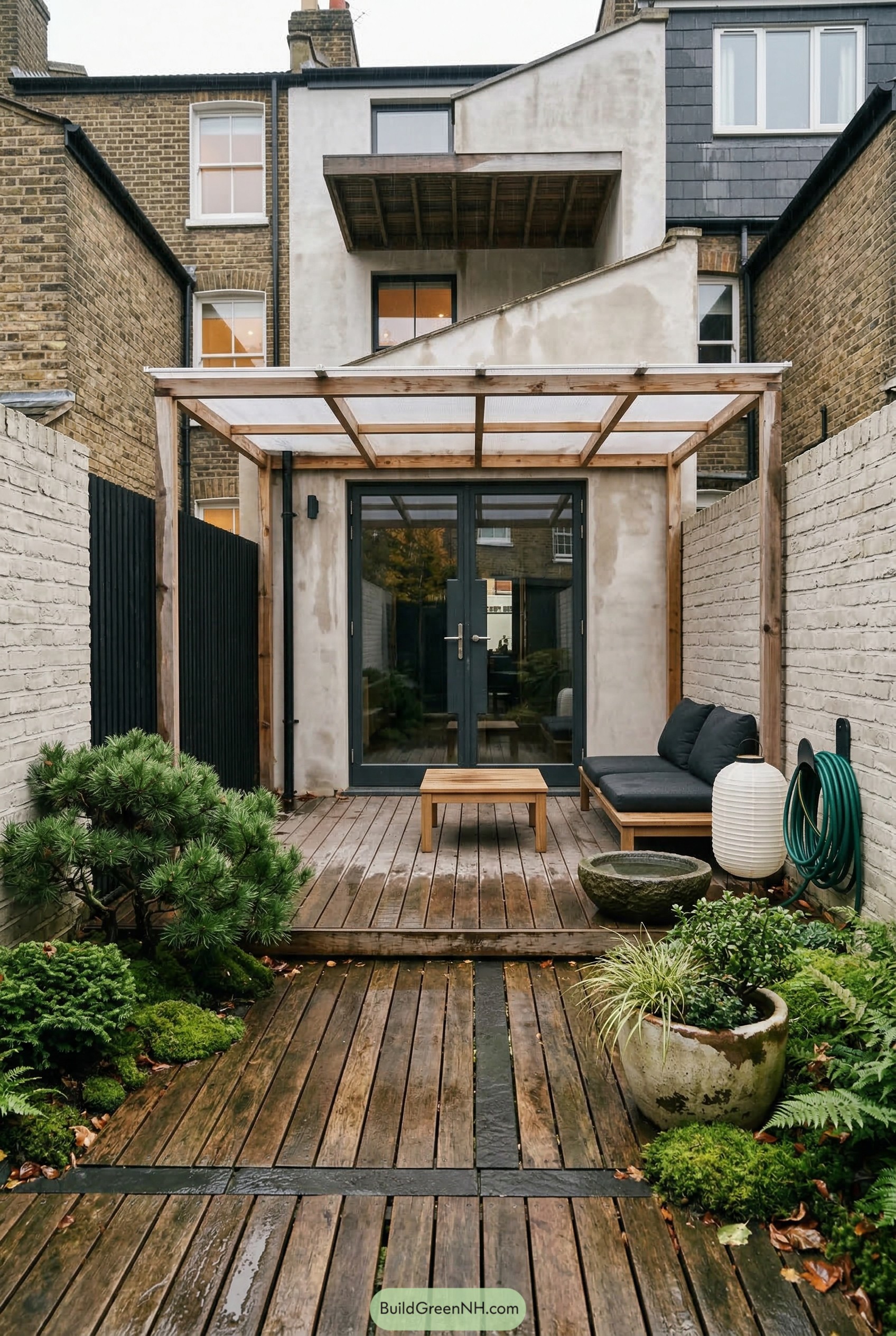 Narrow ground level timber deck with pergola