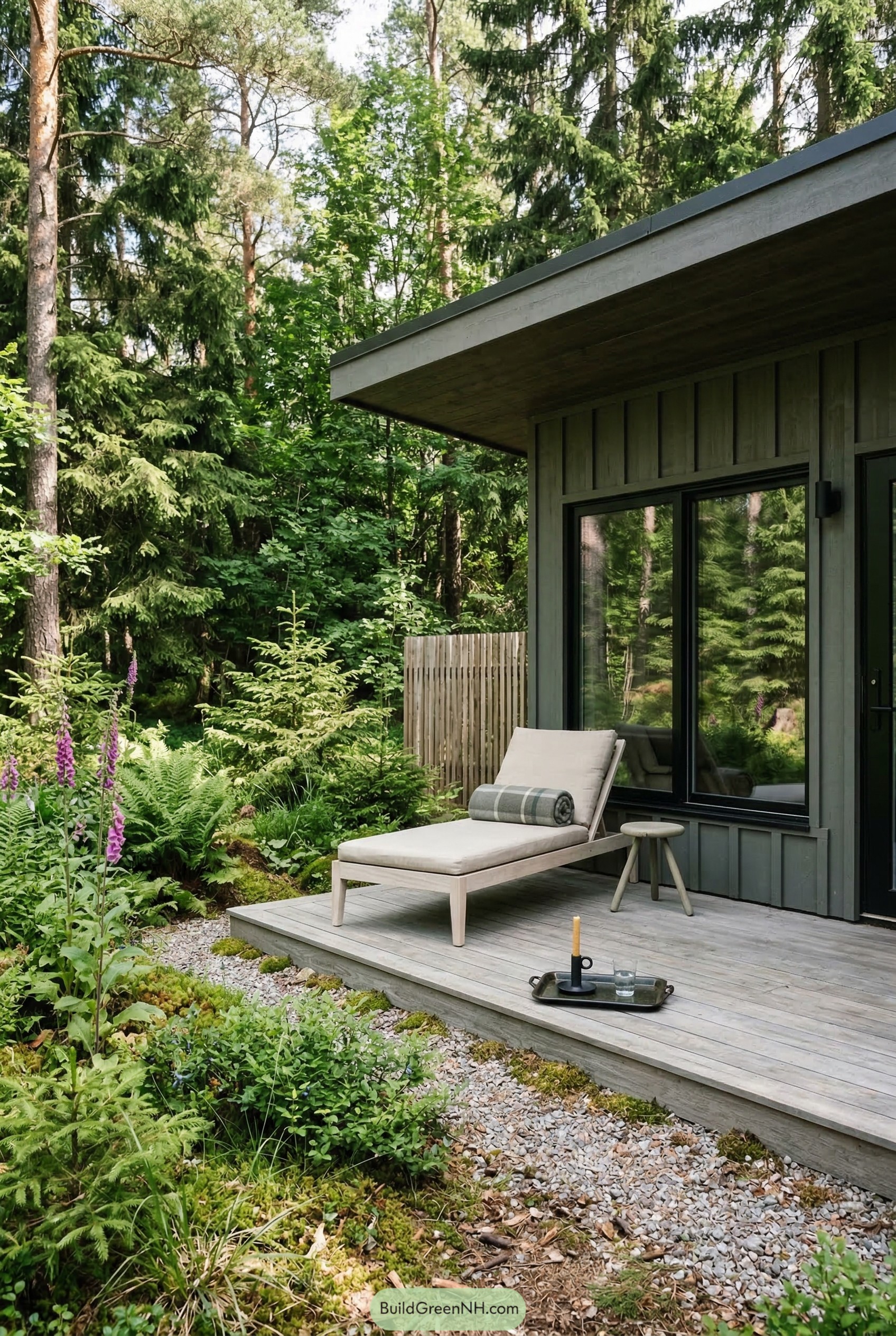 Small gray low deck beside a forest cabin