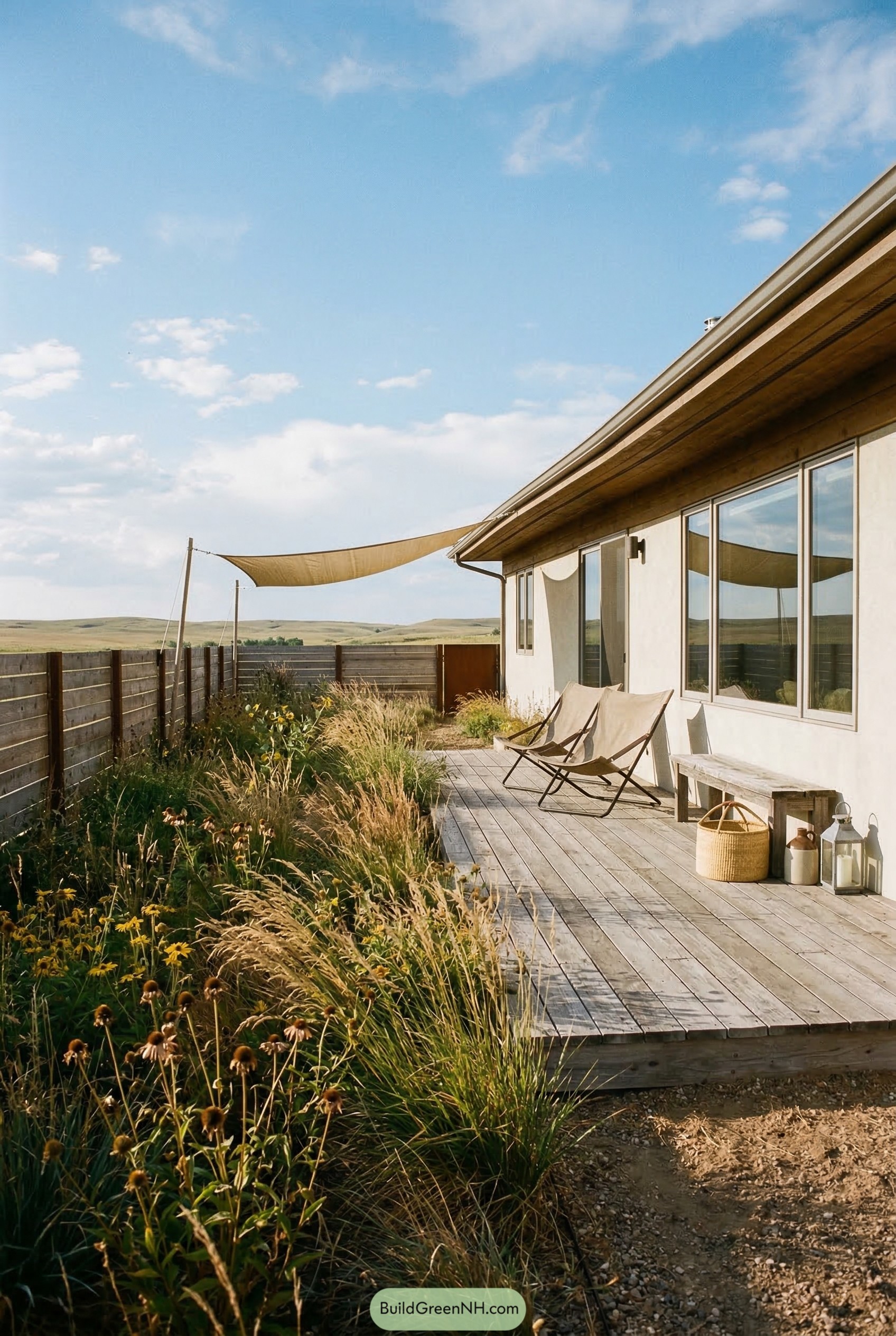 Low wood deck with shade sail beside house
