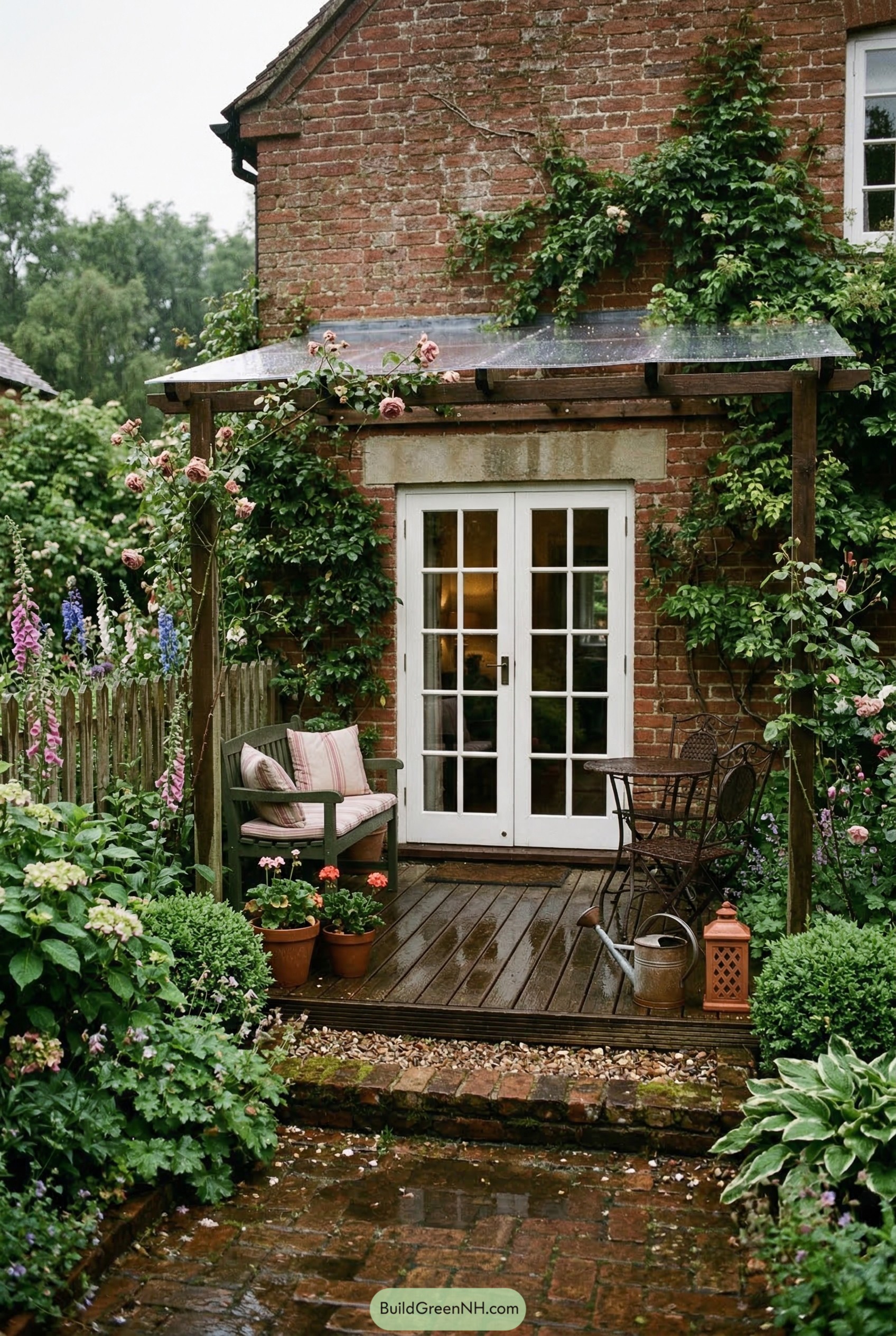 Small cottage deck with clear roof pergola and garden seating