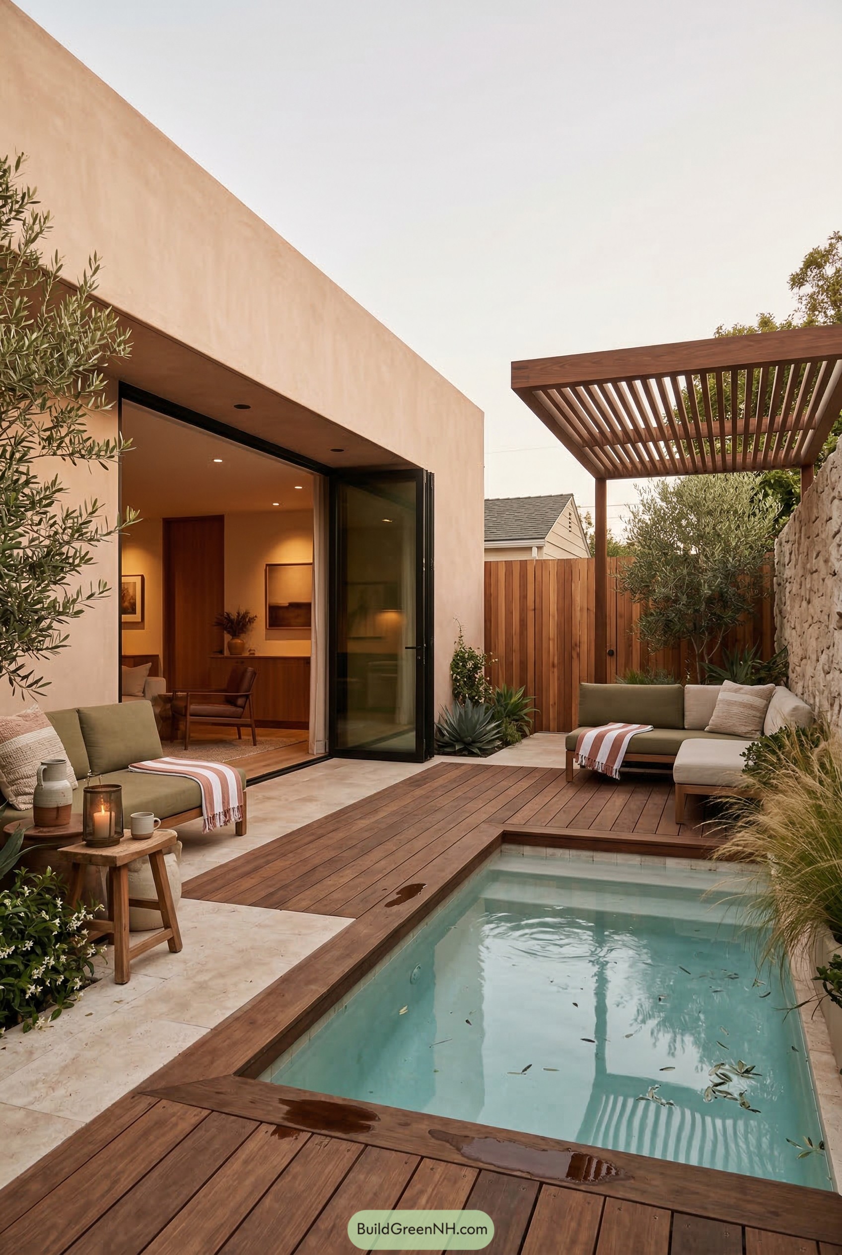 Low timber deck with plunge pool and pergola