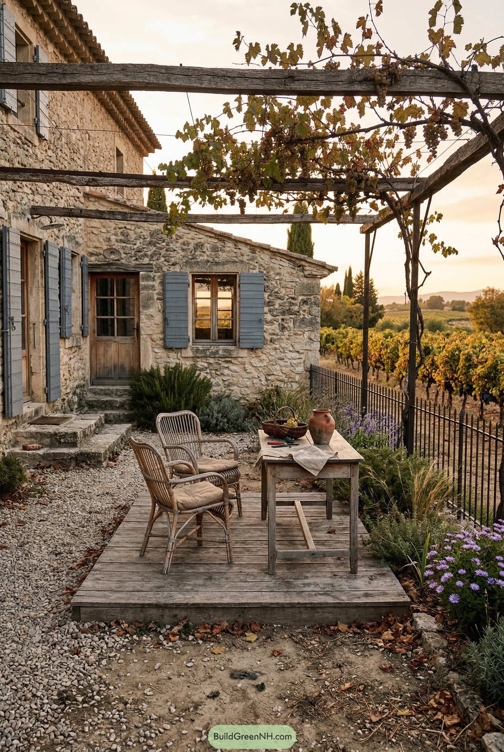 Small rustic low deck under grapevine trellis beside stone cottage
