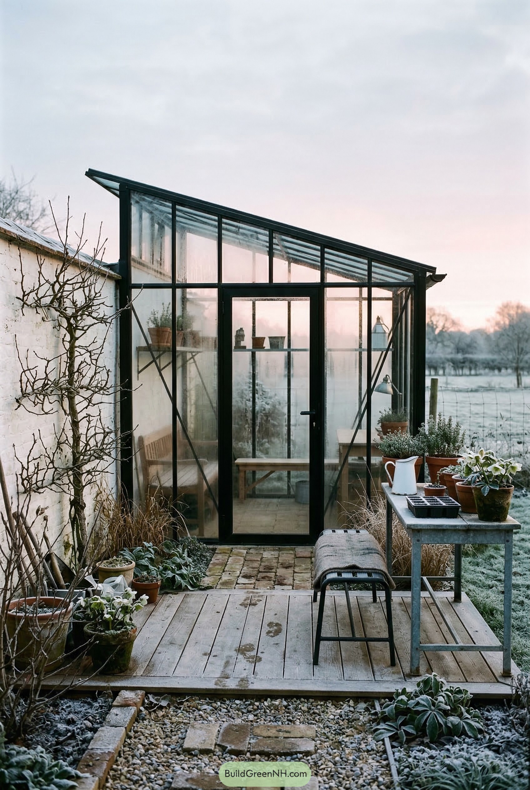 Low wooden deck beside a glass greenhouse
