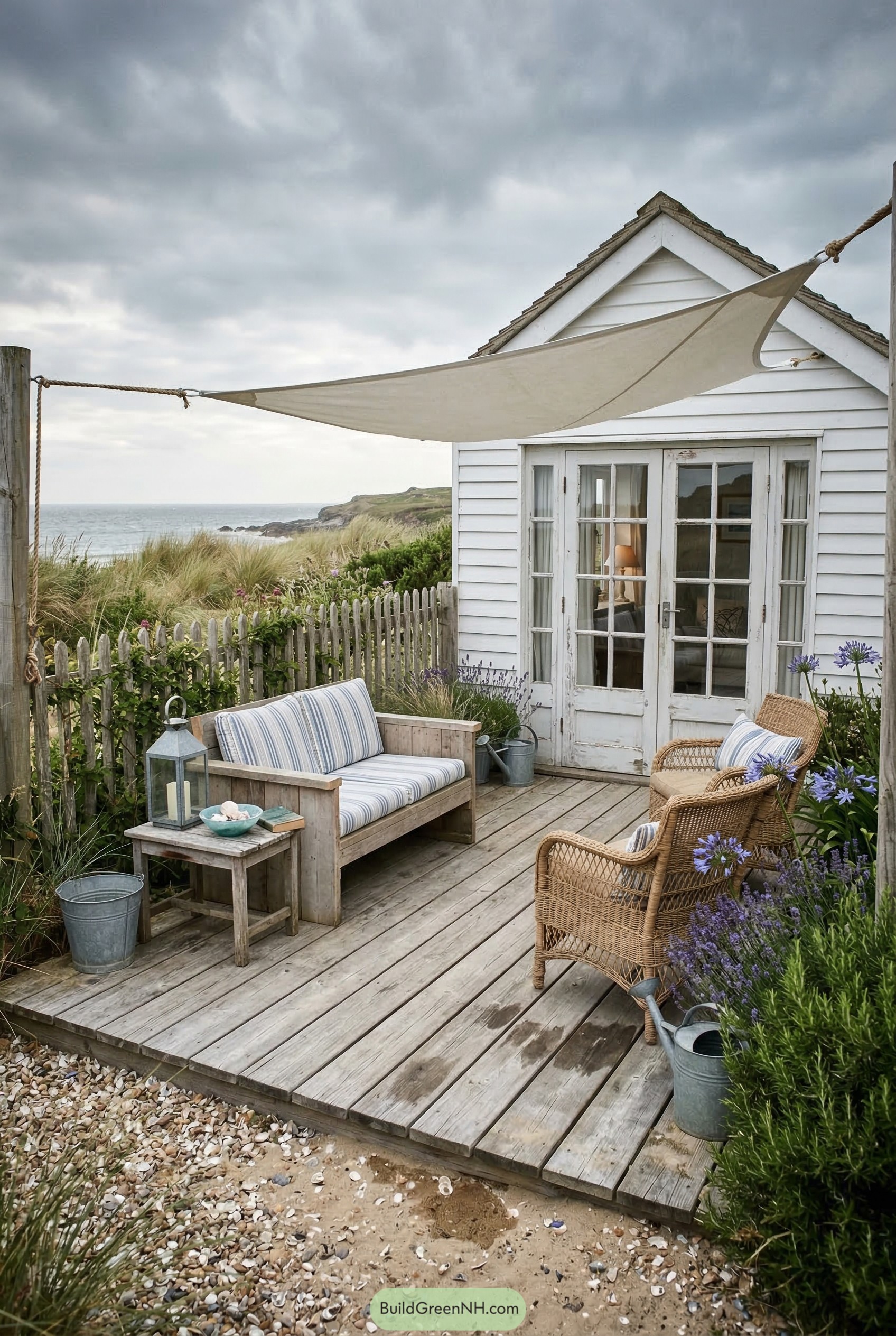Coastal low deck with sail shade and wicker seating