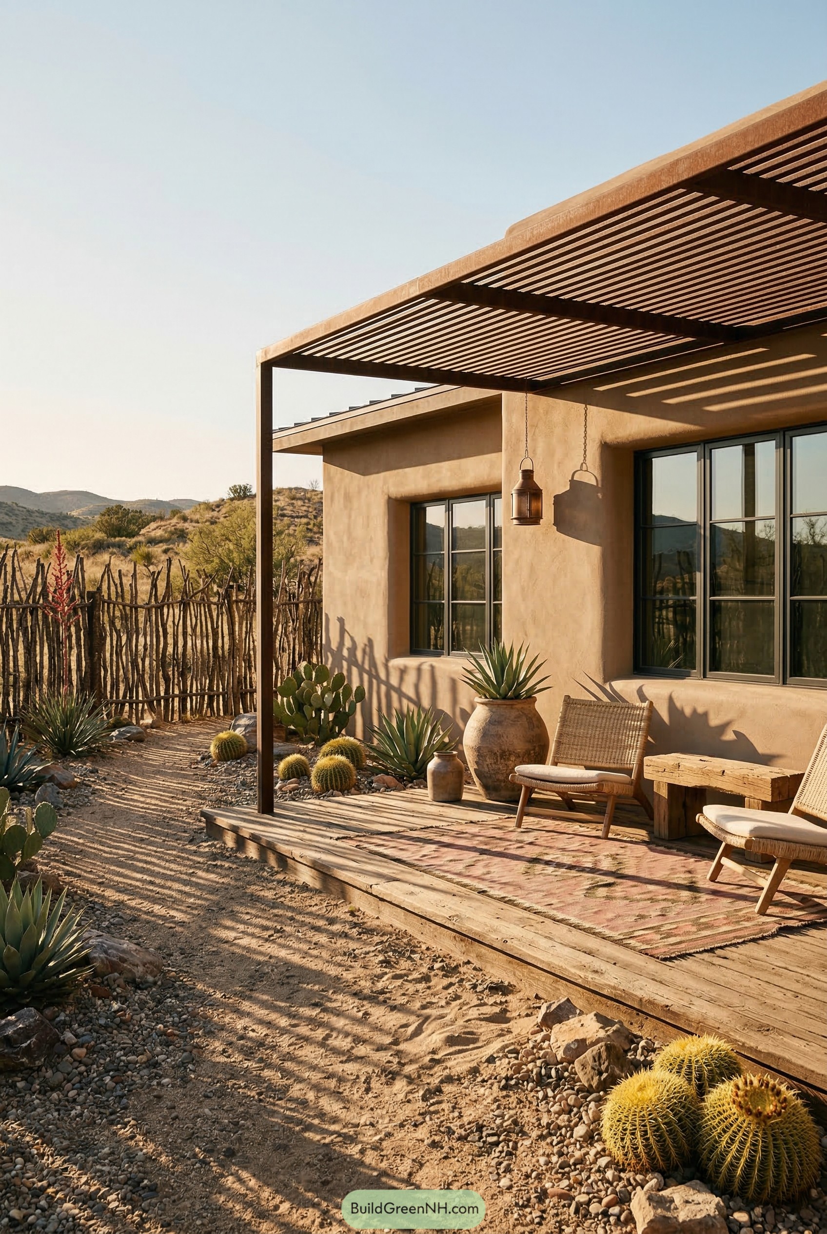 Low desert deck with slatted shade pergola