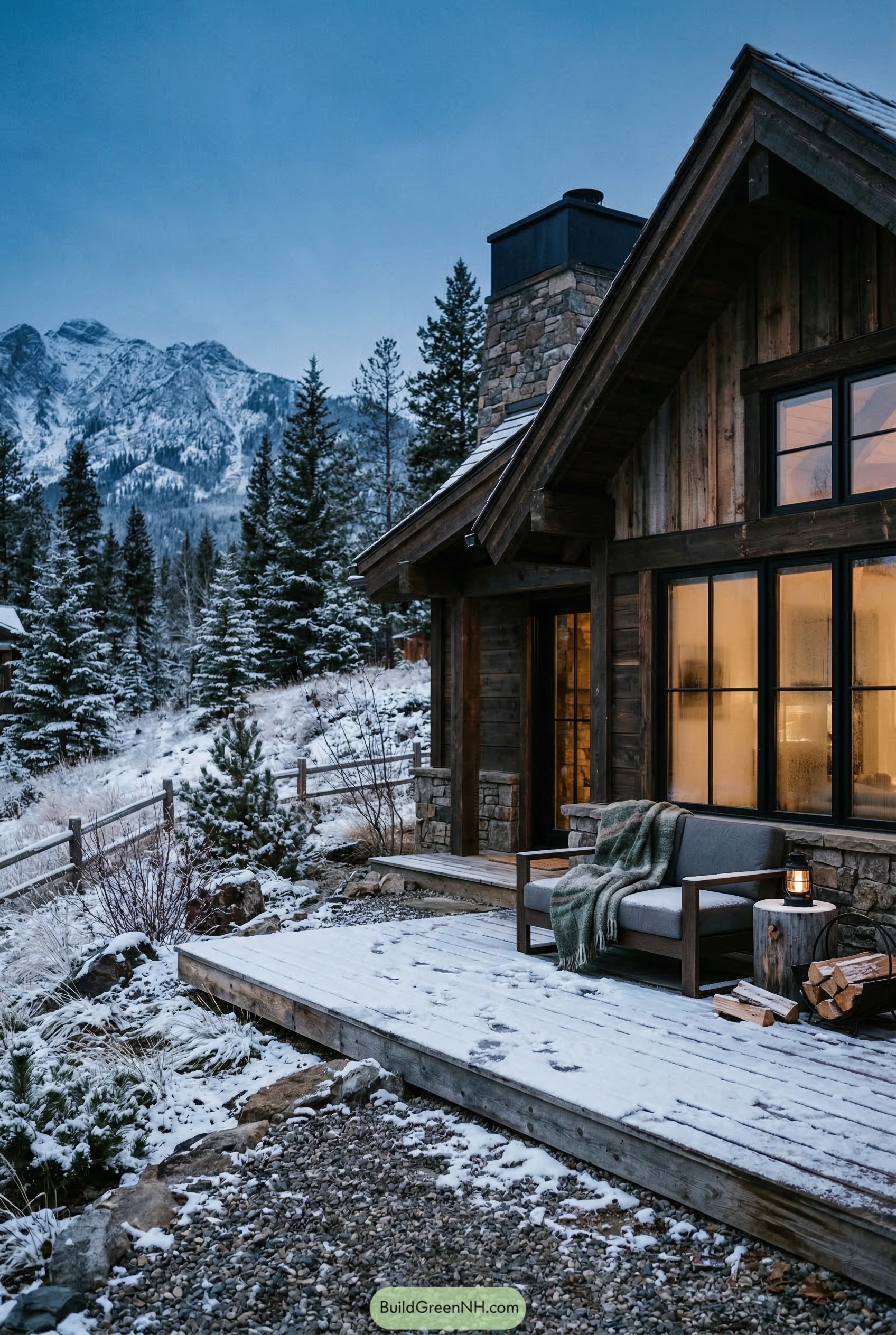 Snowy mountain cabin with a low timber deck