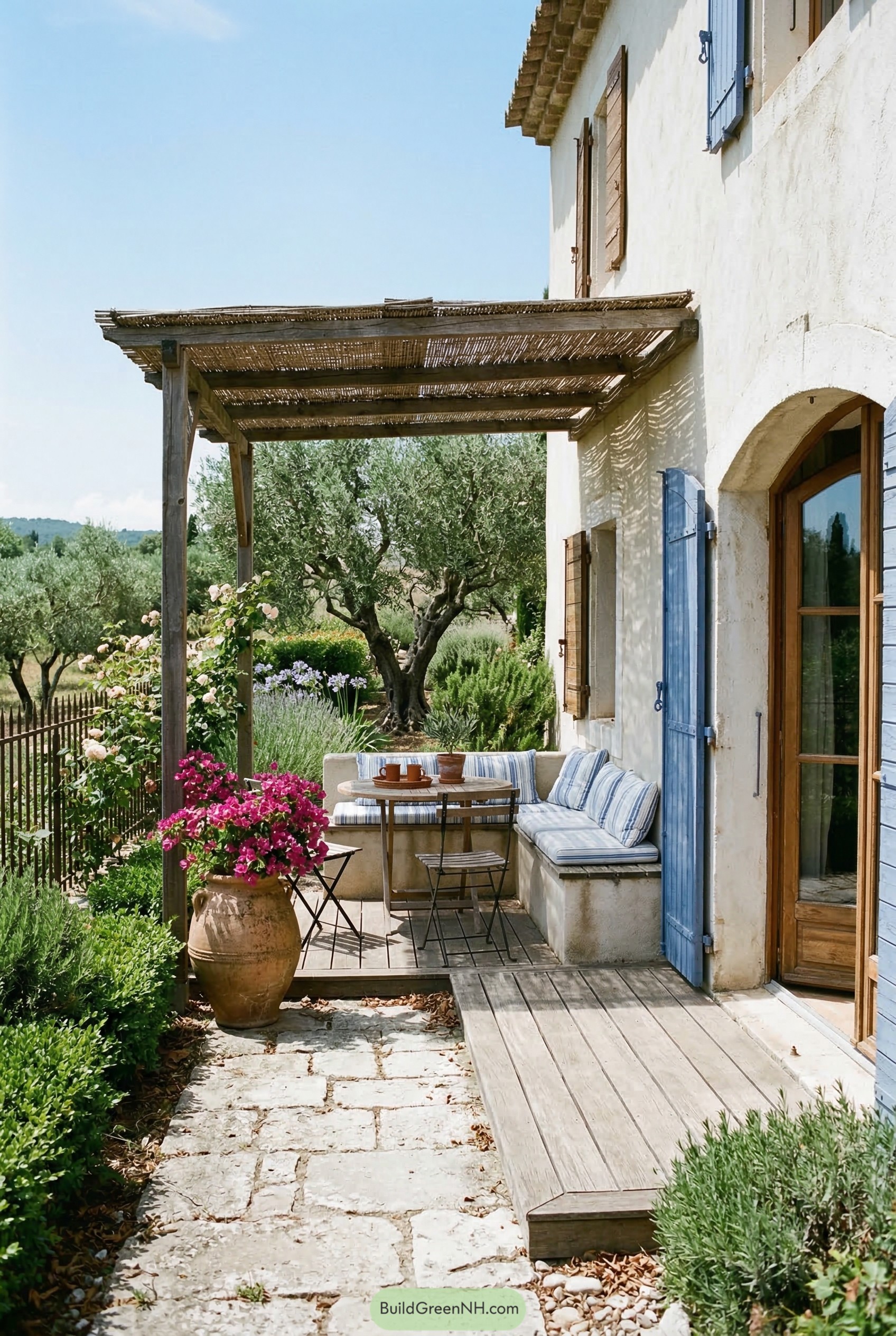 Rustic low deck with reed canopy seating