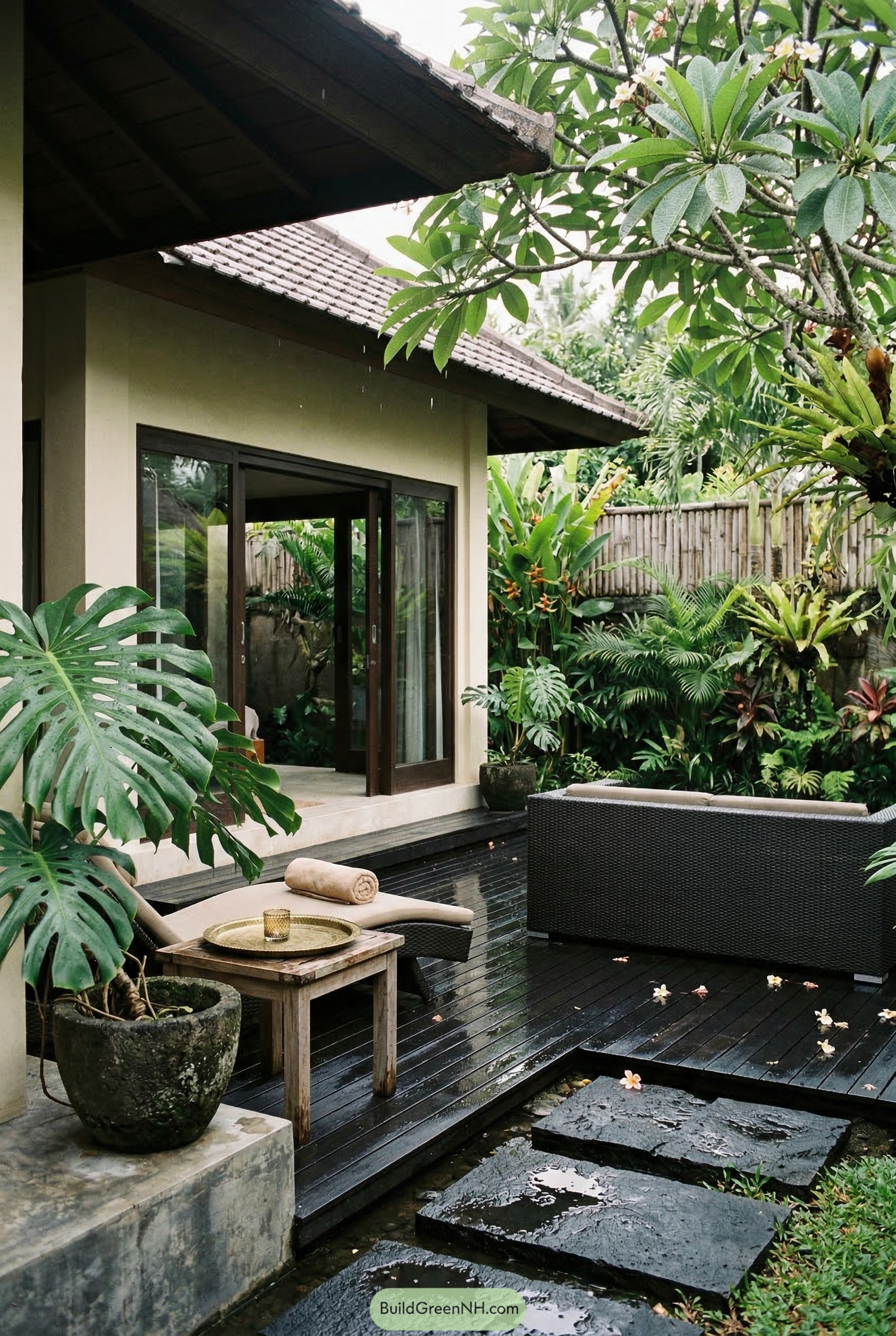 Dark wood low deck in a lush tropical courtyard with wicker seating and stone pavers