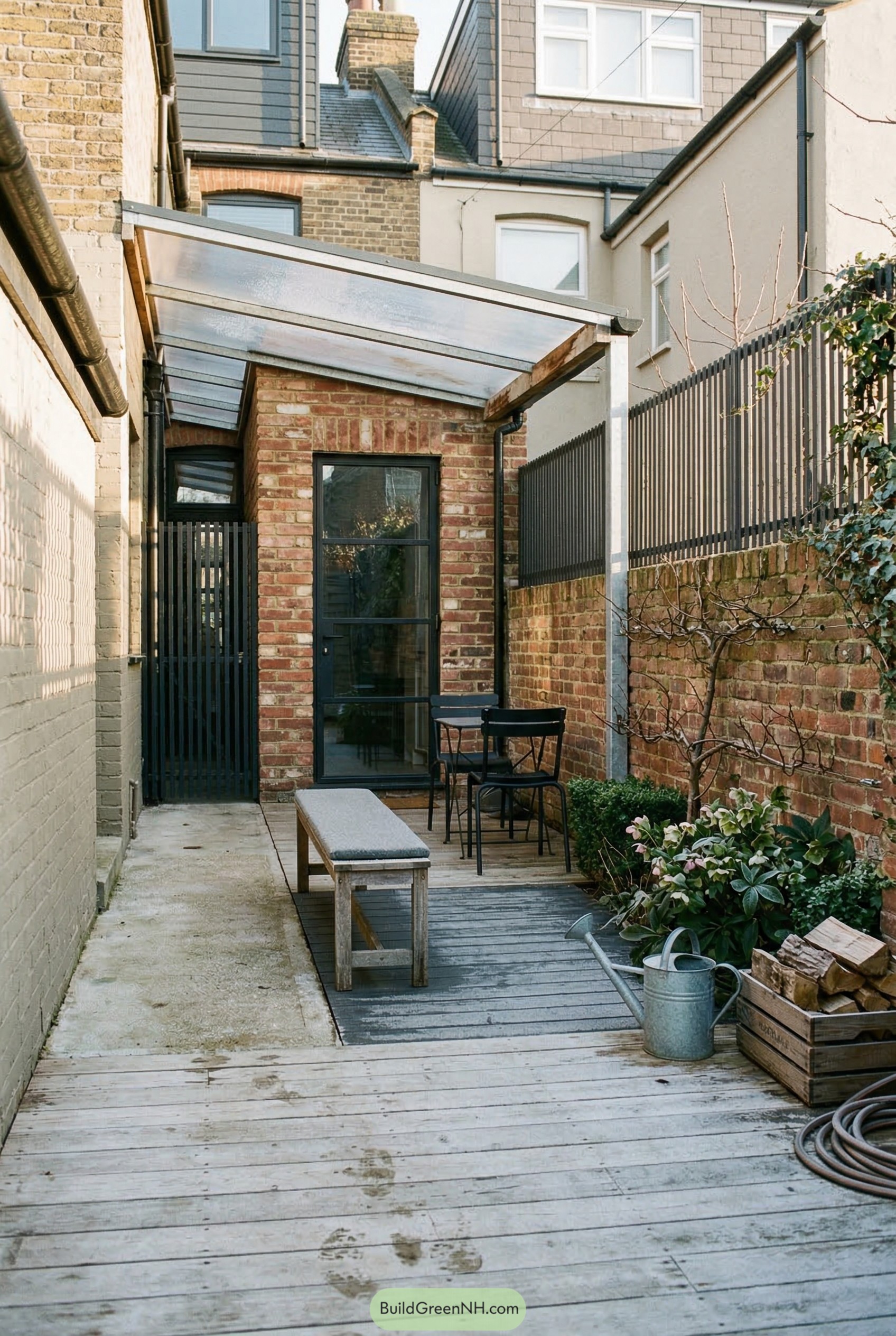 Narrow low deck with clear canopy and brick walls