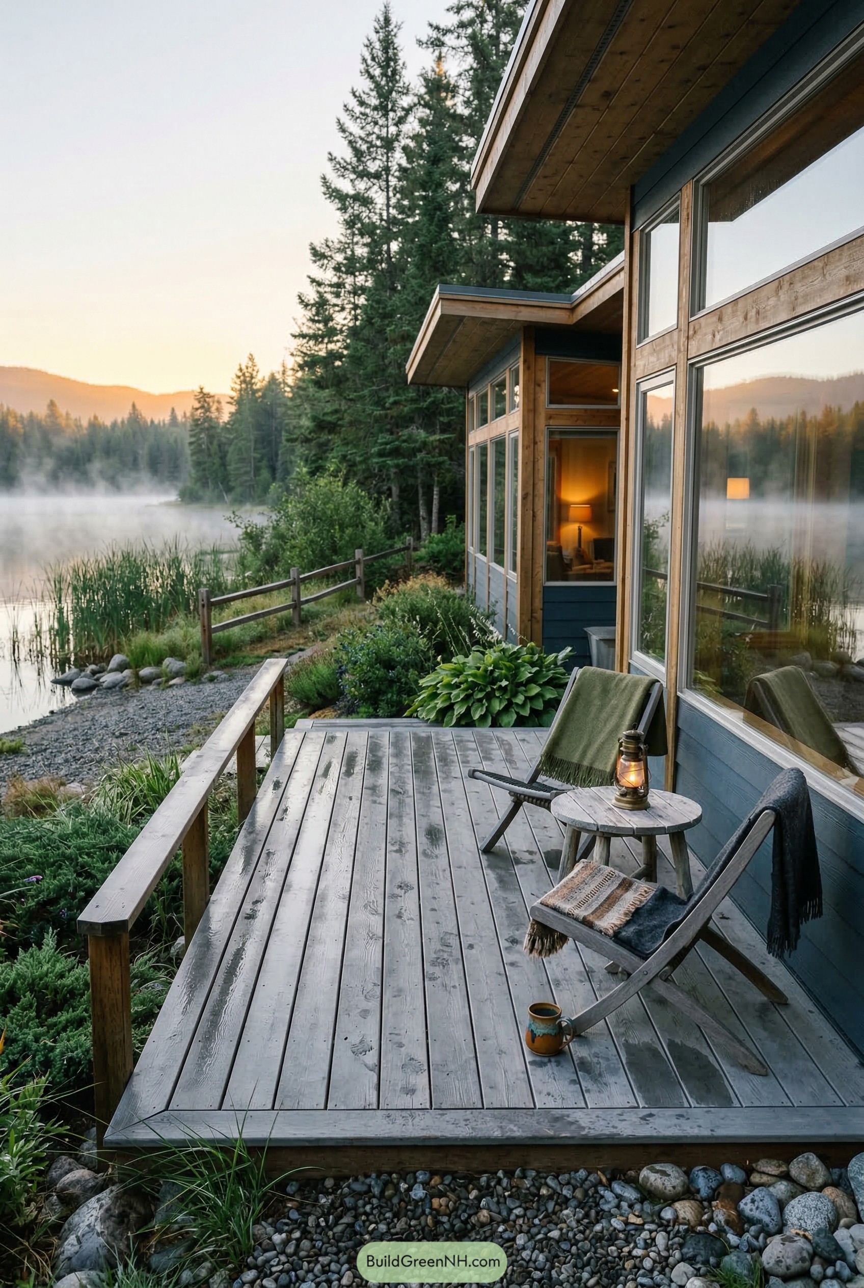 Ground level wood deck beside a lakeside cabin