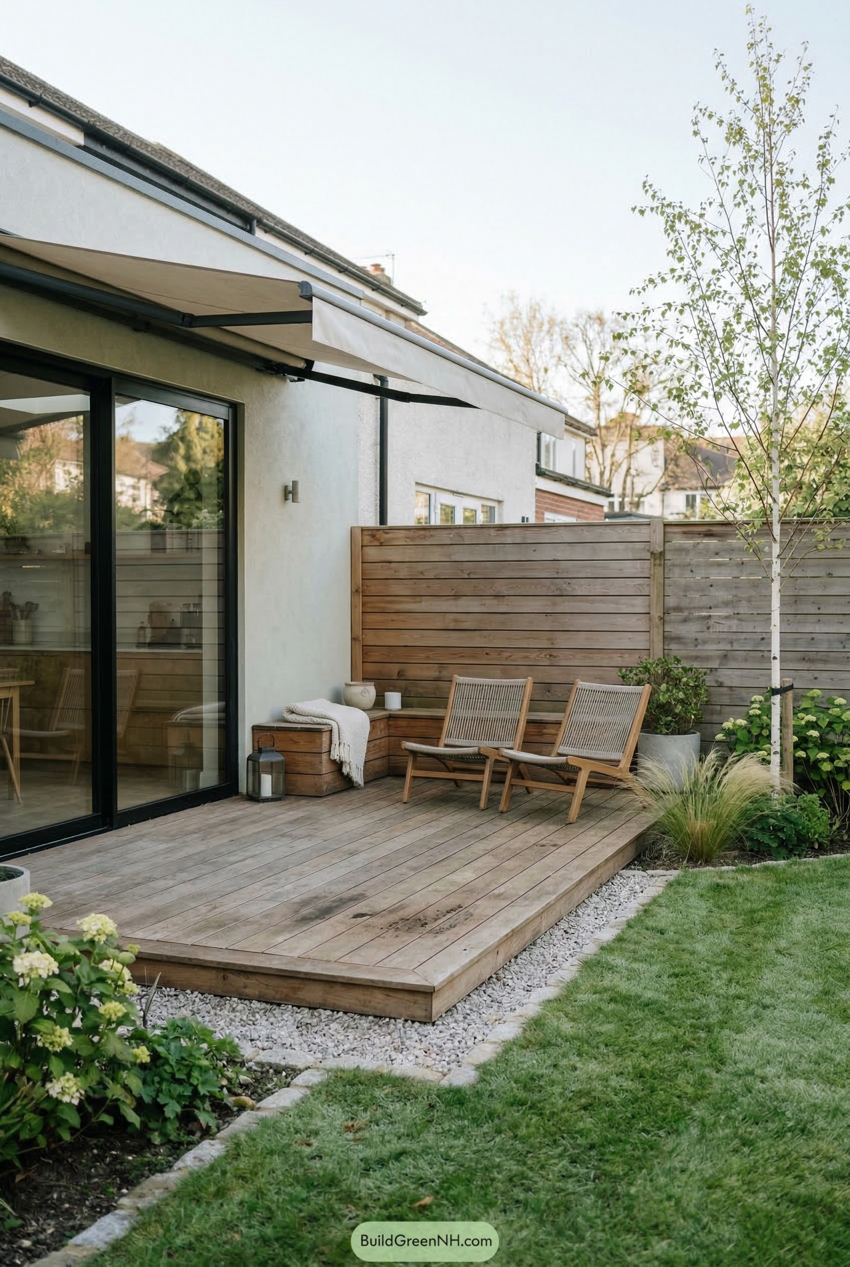 Ground level wood deck with privacy screen and chairs