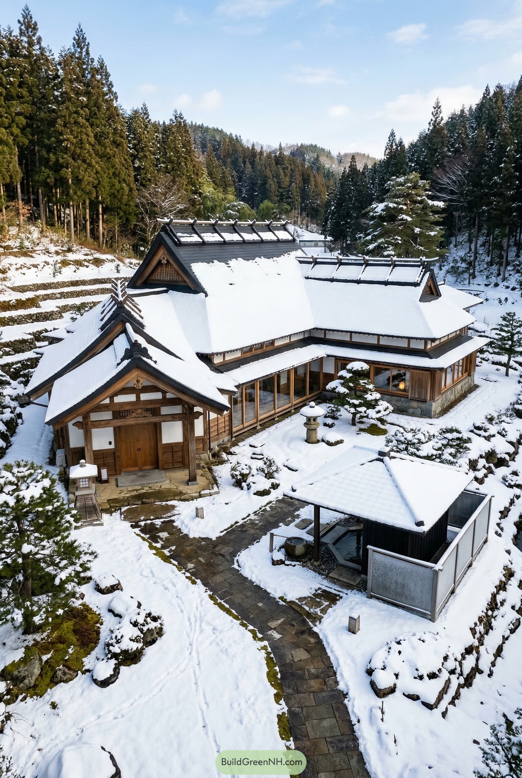 Traditional Japanese house in snowy forest