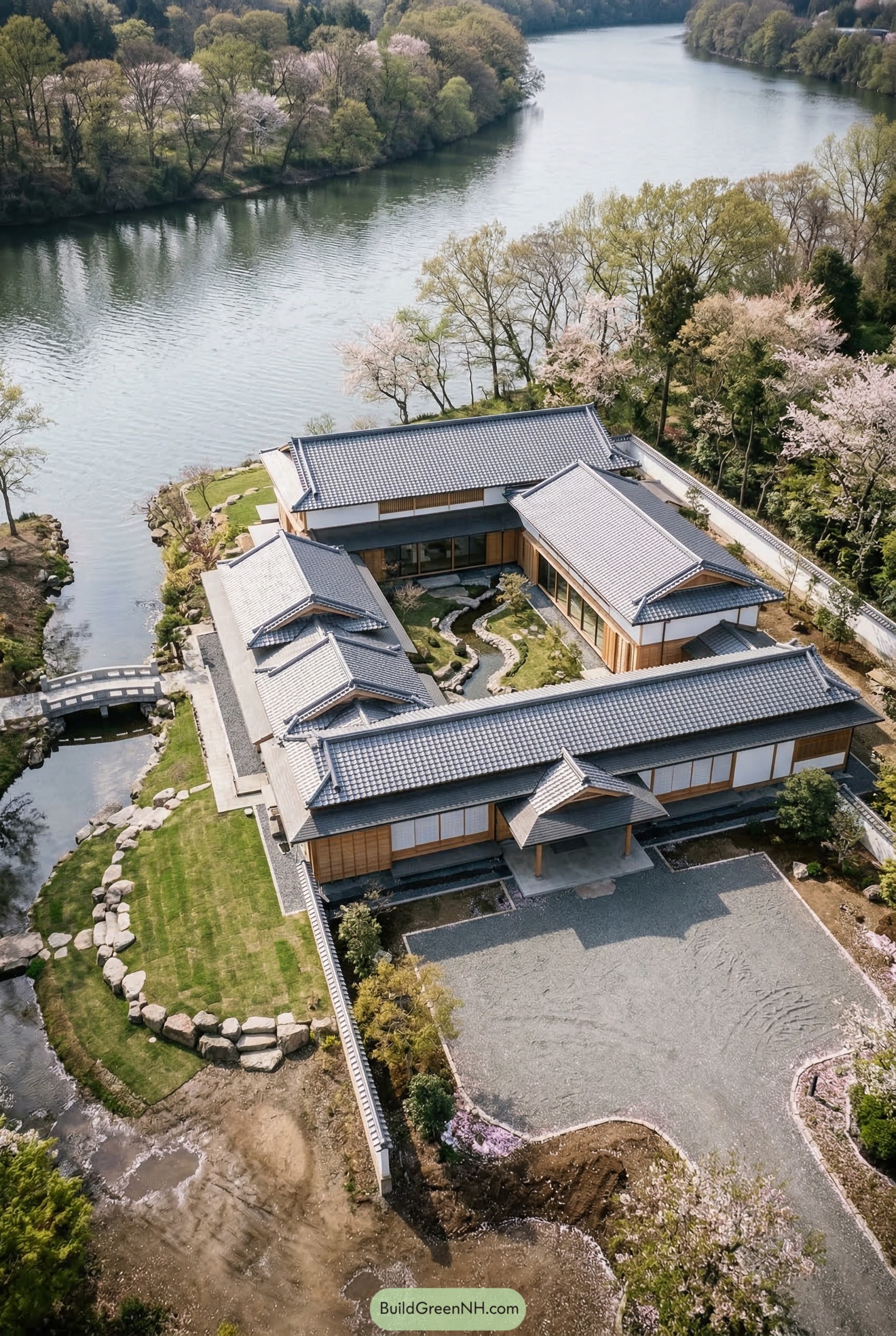 Aerial view of riverside Japanese courtyard house