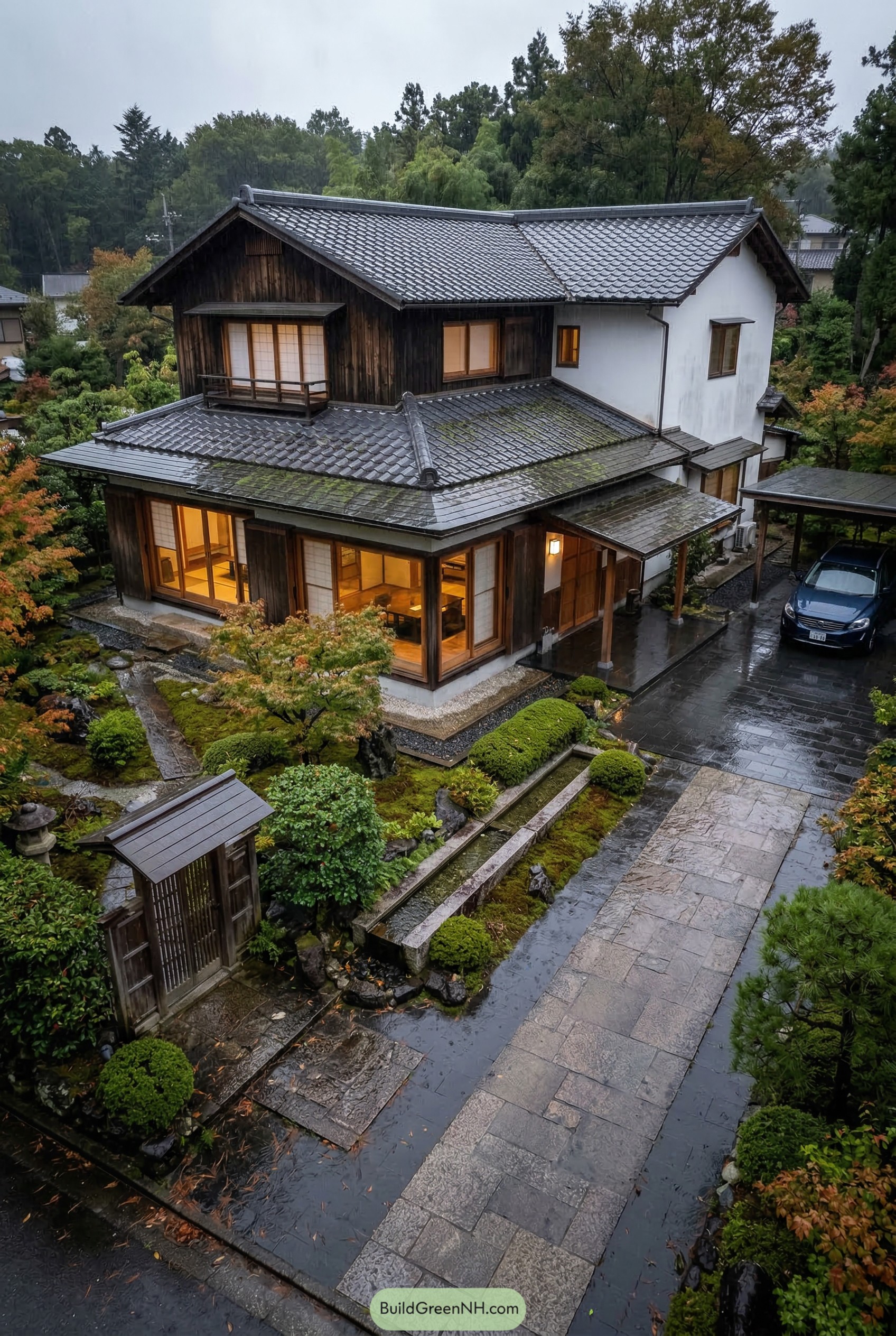 Traditional Japanese house with tiled roofs and moss garden in rain