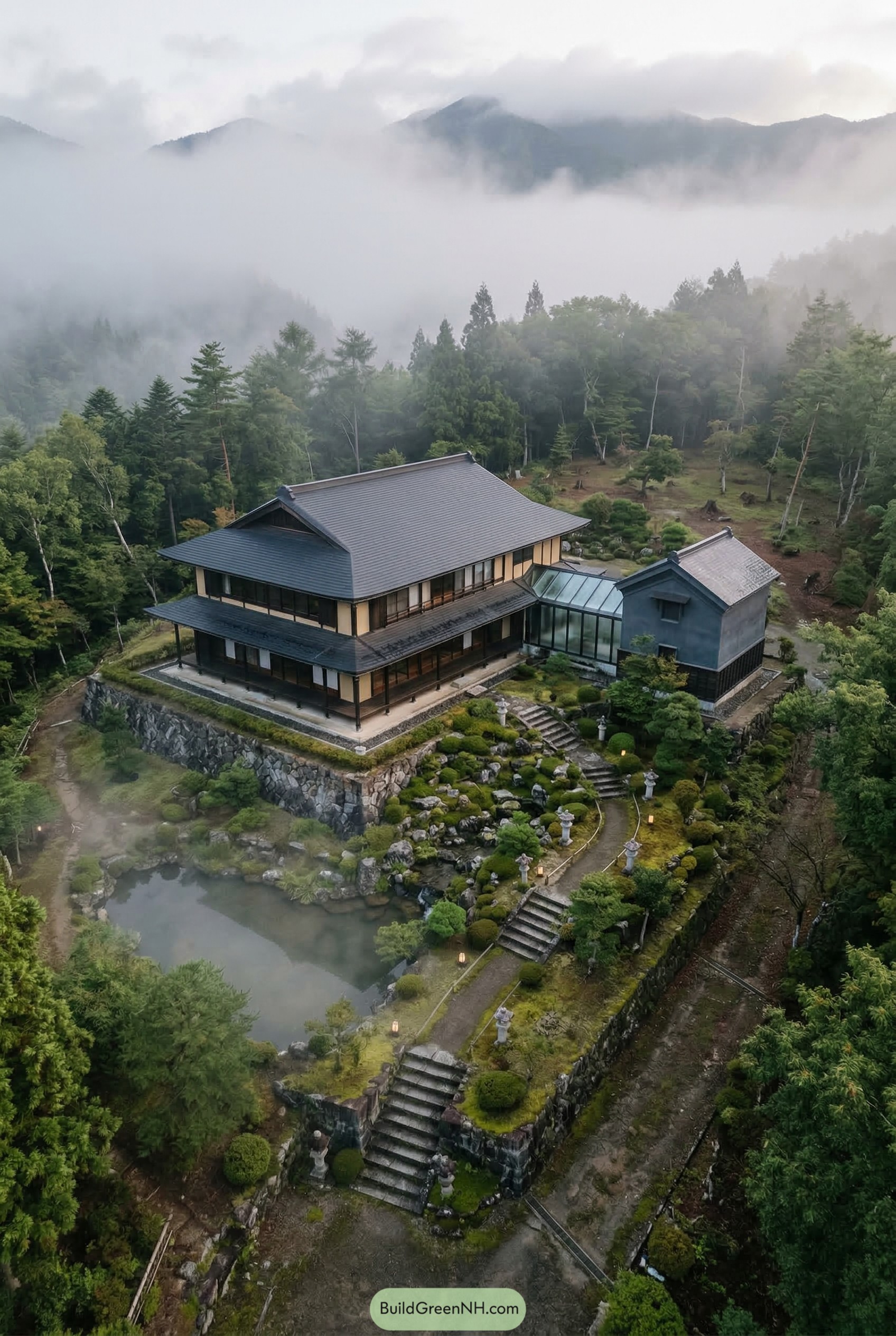Traditional Japanese manor above a terraced pond garden in mountain mist