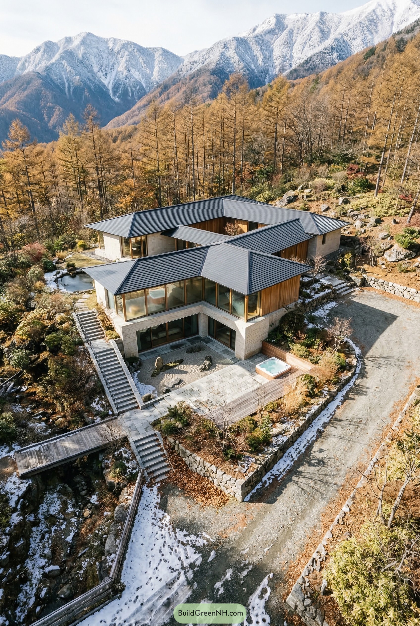 Angular mountain home with courtyard and zen garden
