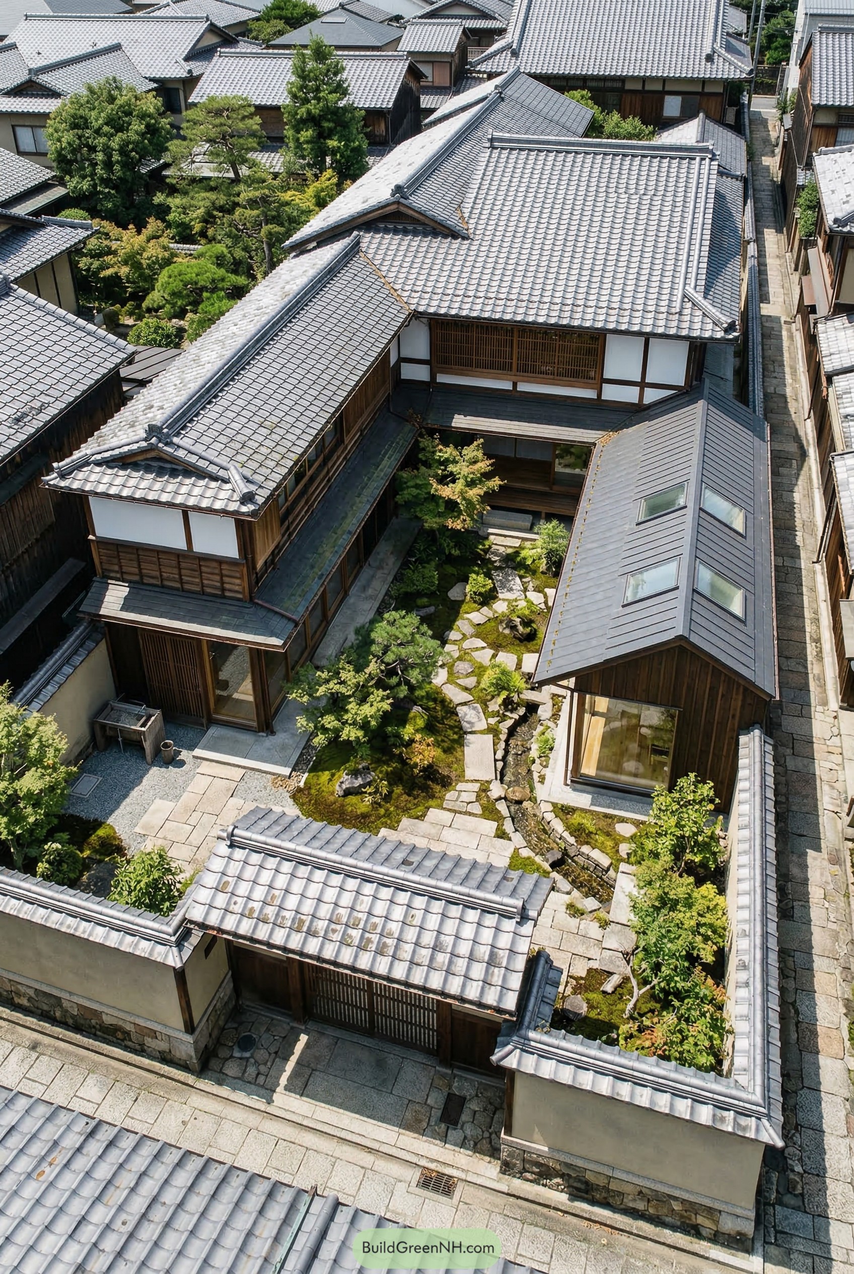 Aerial view of a Japanese house around a garden courtyard