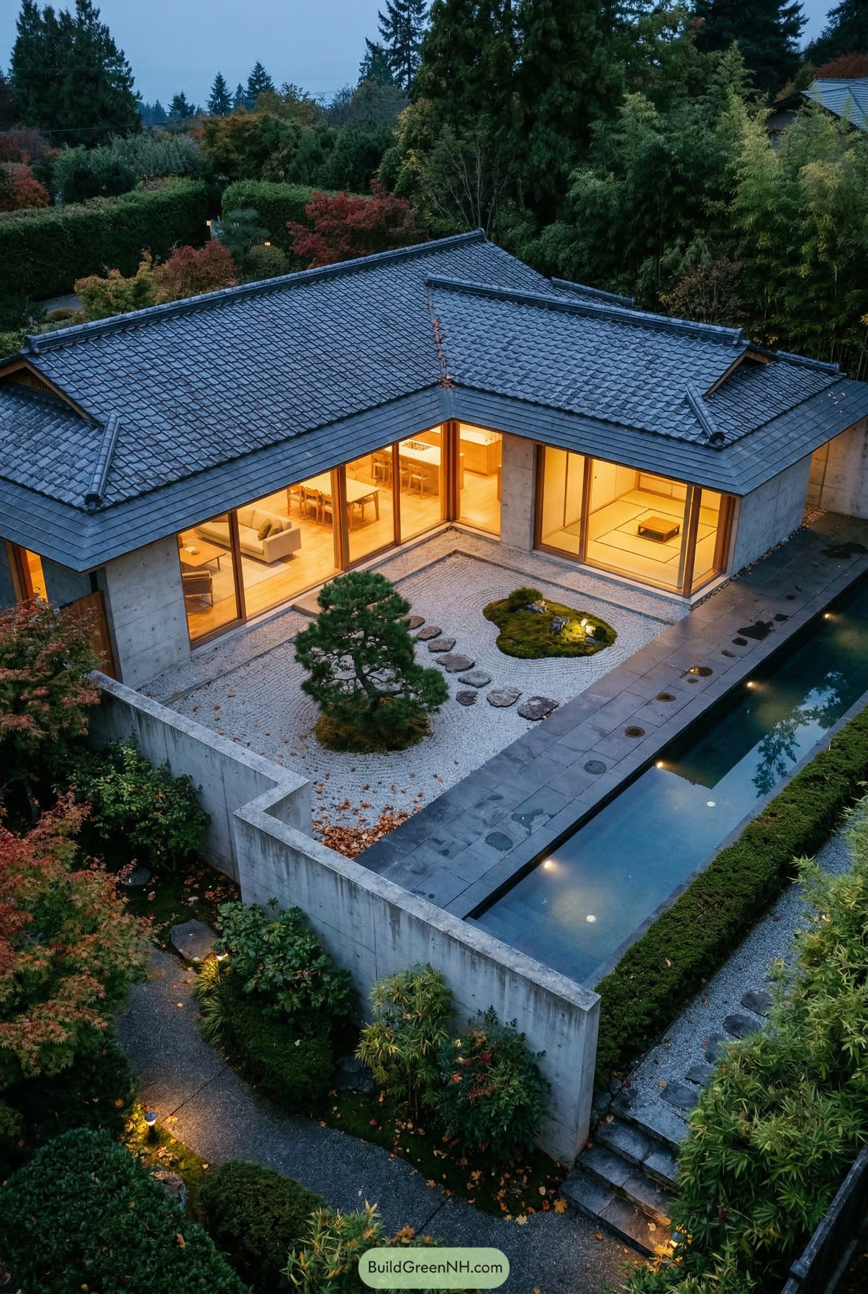 Modern Japanese courtyard house with reflecting pool