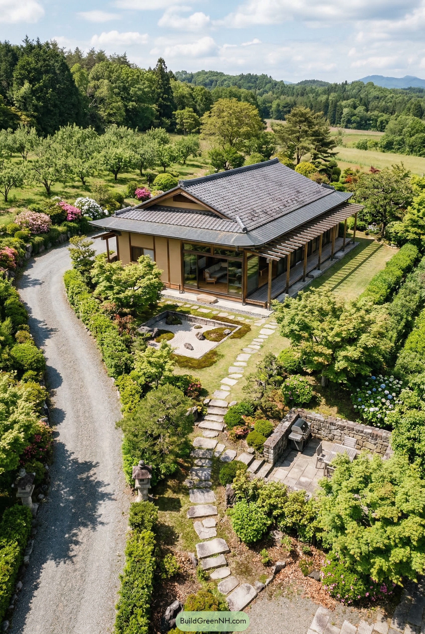 Traditional Japanese house with orchard garden and gravel drive