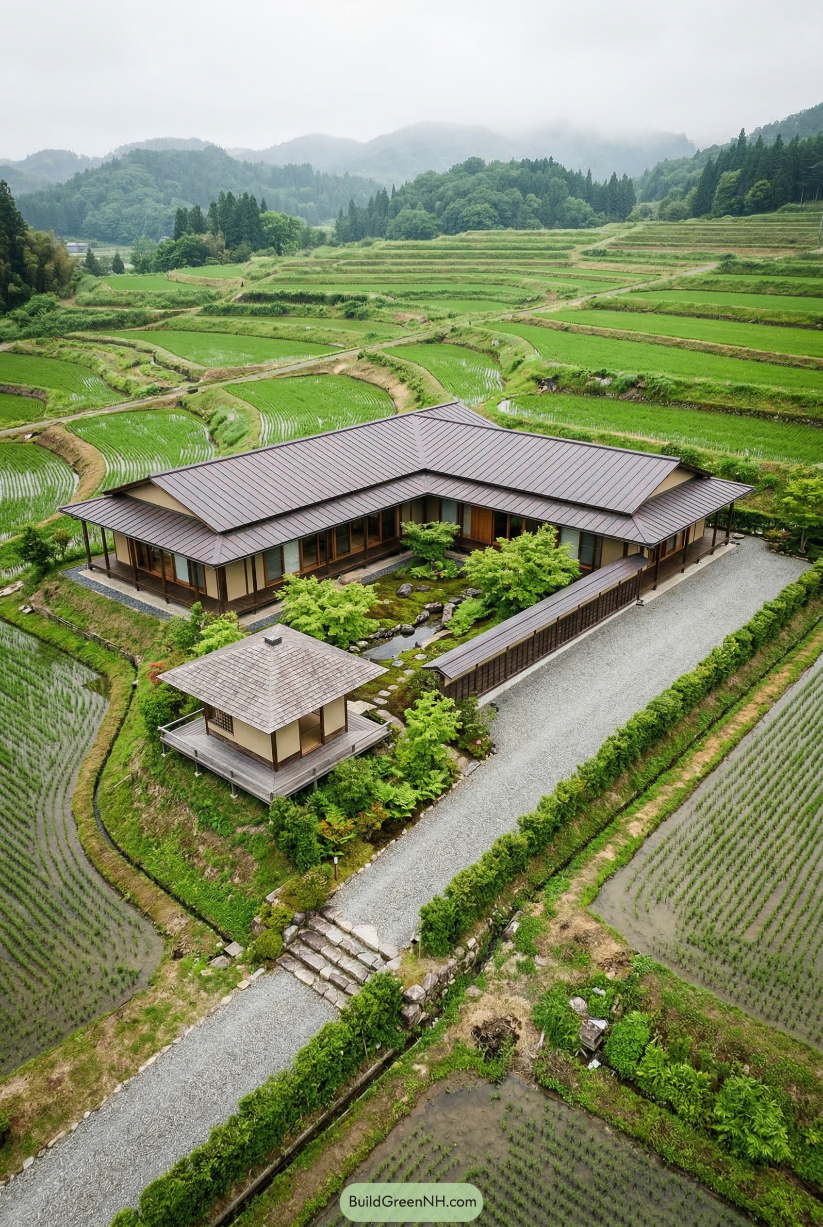 Japanese courtyard home surrounded by terraced rice paddies